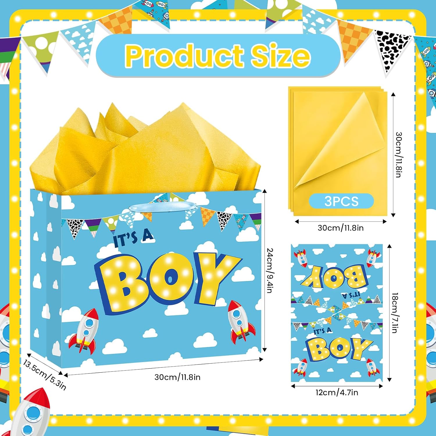 TagreSpike Cartoon Story Gift Bag It’s A Boy Story Themed Gift Bag with Card and Tissue Paper Blue Sky White Clouds Cow Print Wrapping Paper Bag for Boys Newborn Baby Shower Birthday Party Supplies