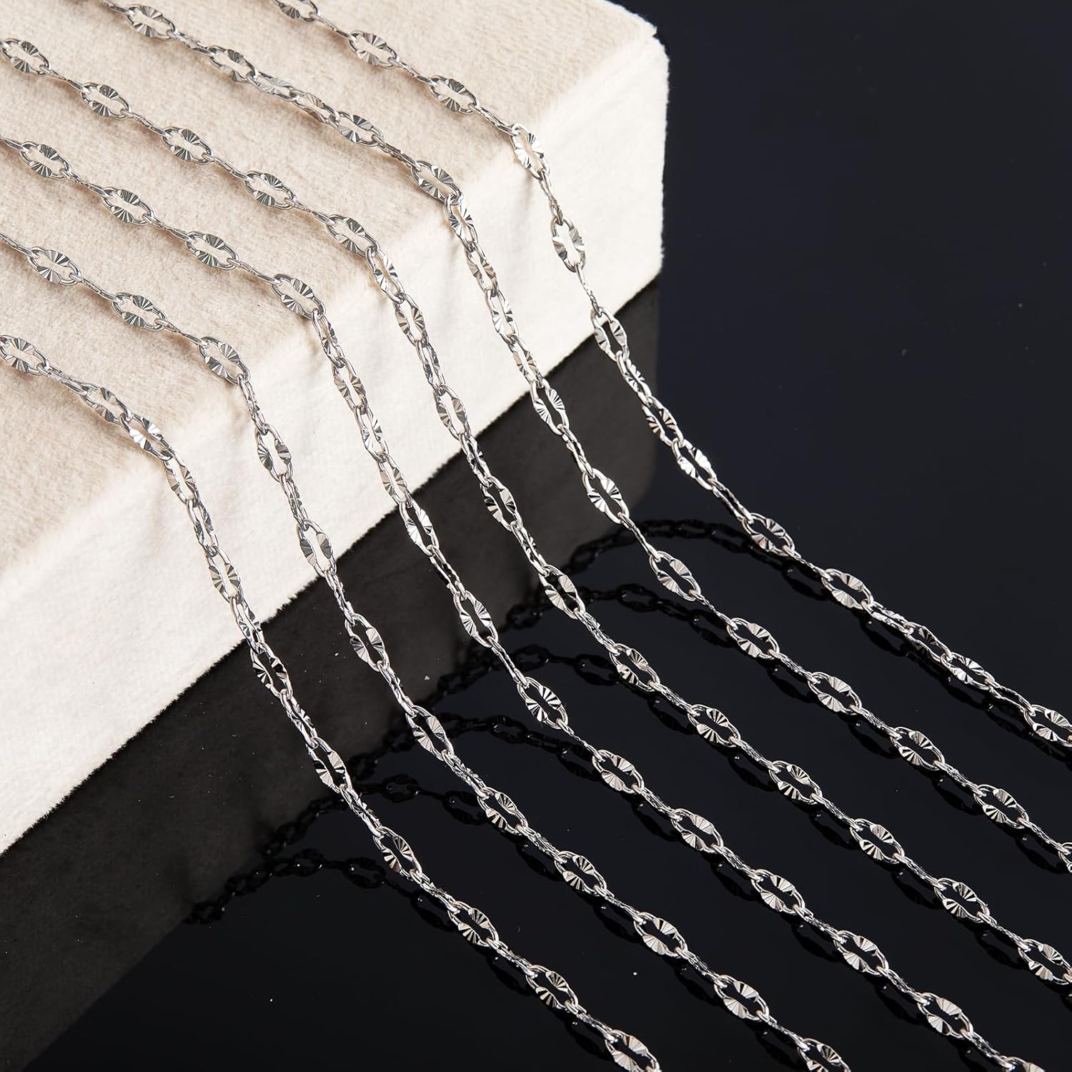 KYUNHOO 16.4 Feet Silver Stainless Steel Chains Bulk Embossed Lip Chain Roll Soldered Cross Link Chains Cable Chain with Jewelry Clasps for Handcraft Making - Image 6