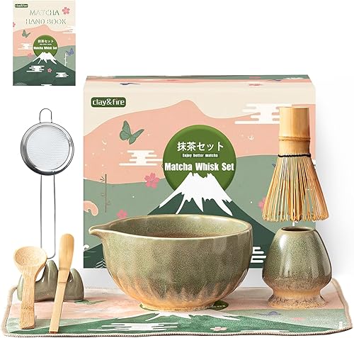 Miniatura 10 de Clay&Fire Juego de Batidor de Matcha, 9 Piezas Juego de Matcha de Cerámica, Cuenco de Matcha de 15 OZ con Pico y Batidor, Kit de Matcha para Amigo,
