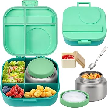 BOSEDSANG Bento Lunch Box with 12oz Soup Thermo,4 Compartments Lunch Box Containers, Spoon&Sauce Jar, BPA Free&Leak proof,Insulated Food Jar for Travel Green