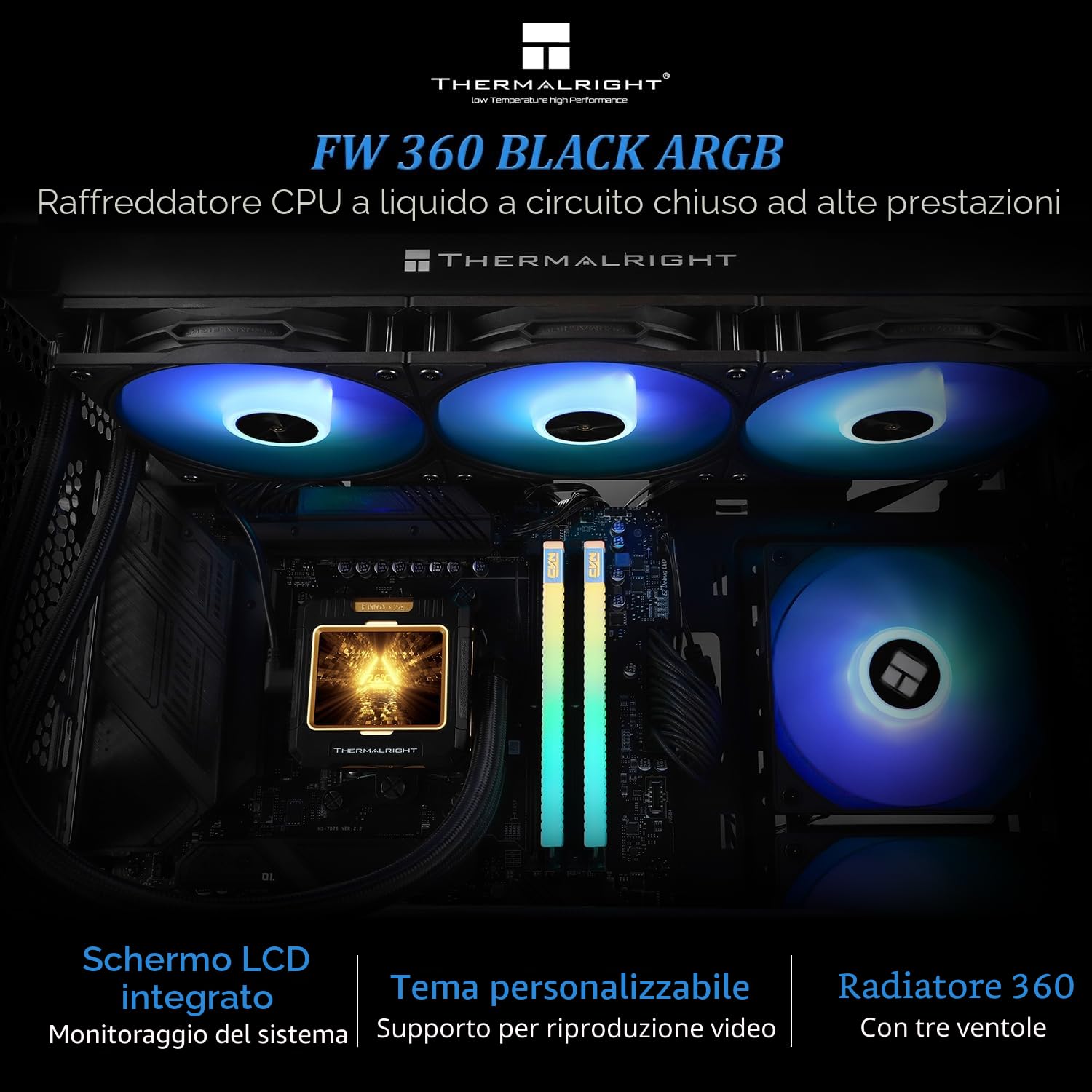 Thermalright FW 360 - Raffreddamento ad acqua ARGB con 3 ventole PWM, risoluzione IPS 320 x 240 schermo LCD, raffreddamento CPU liquido per raffreddamento AMD/Intel PC Aio: AM4/AM5/LGA1700/1851