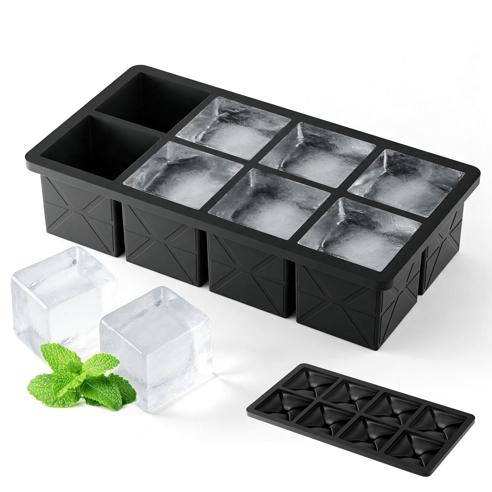 Samuelworld Large Silicone Ice Cube Tray Molds, 2 Inch Foldable Square Ice Cube Tray - Food Grade, Flexible, 8 Cavity Easy Release Slow Melting Ice for Whiskey, Cocktails, Gifts - Black