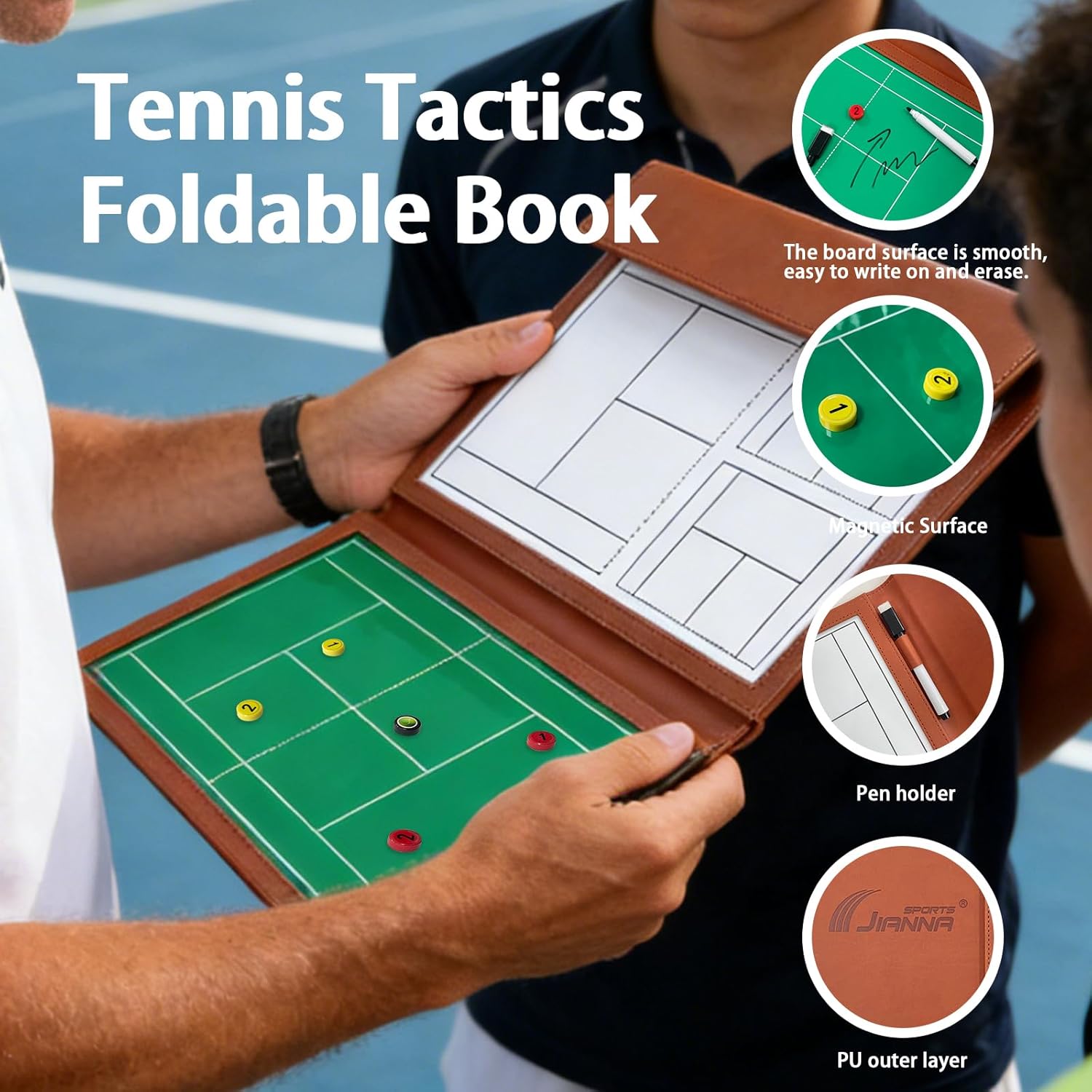 JIANNA Tennis Tactical Board Training Notebook Portable Three fold PU Leather Tactical Board with Pen Insertion Double Pen Court map Folding A5 Size Game Analysis Board