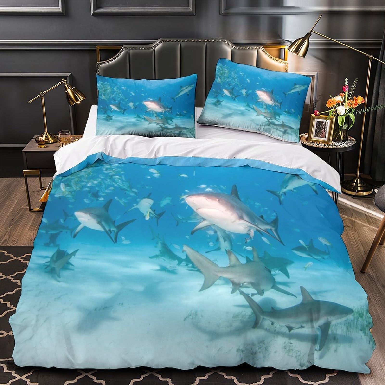 Housse de couette requin 3D en microfibre 135x200 cm avec taie