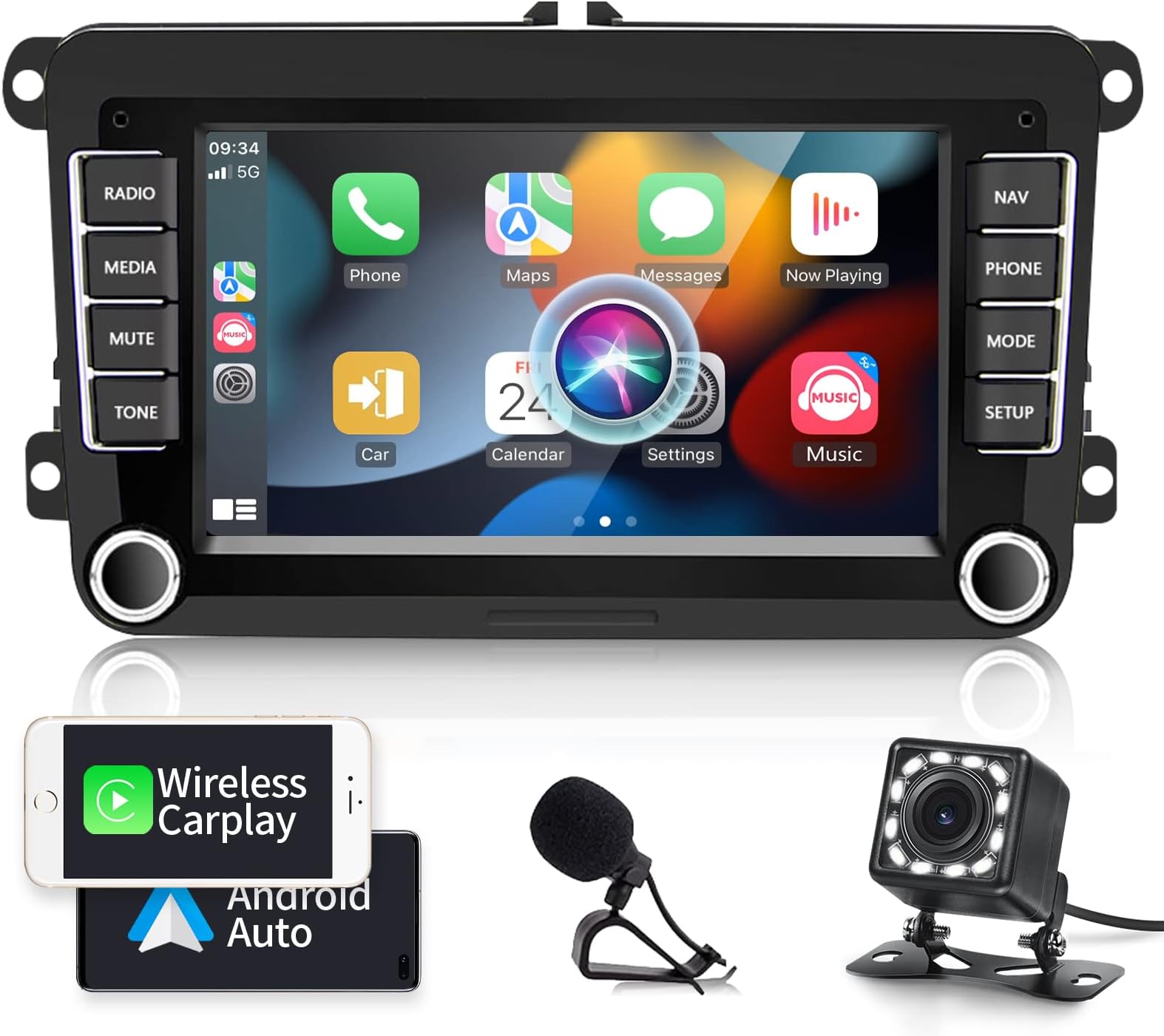 7 Inch Android Car Stereo with Wireless Carplay & Android Auto GPS Navigation for VW Bora SAGITAR Passat Golf Skoda,podofo Double Din Car Radio Bluetooth Touch Screen Radio with Backup Camera+Mic