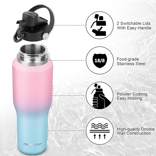 Miniatura 3 de Botella de agua de 32 onzas con recubrimiento en polvo, cabe en cualquier portavasos de automóvil, botella de agua con tapas con pajilla, termo de