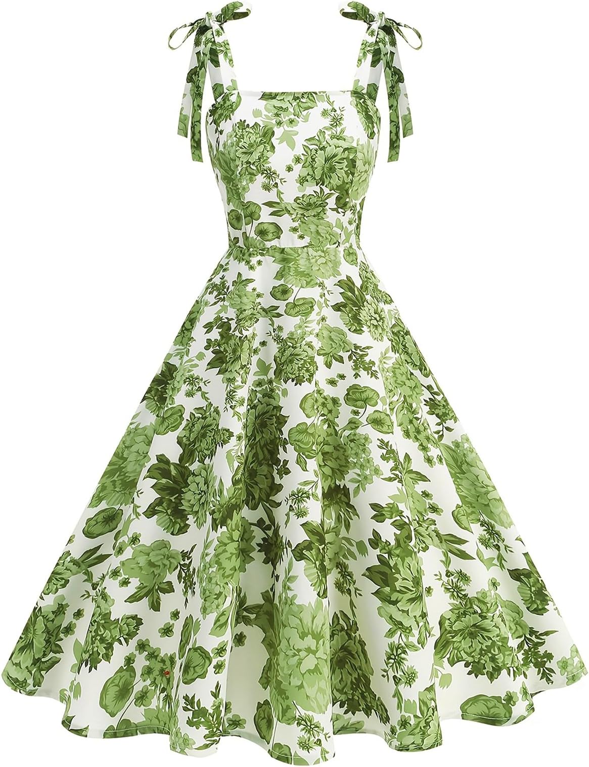 Women's Elegant Rockabilly 1950s Retro Dress Tie Knot Square Neck Floral Print Midi Swing Cocktail Dresses