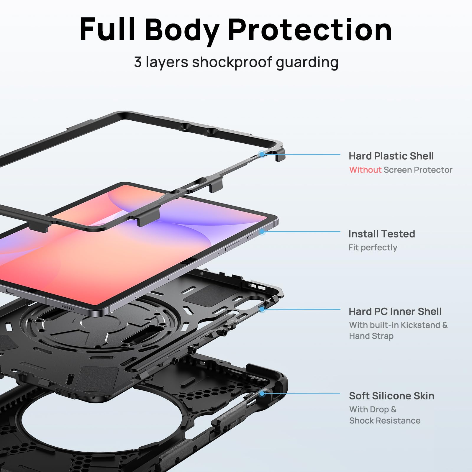 Gerutek Funda Anticaída para Samsung Galaxy Tab S10 Lite 10.9 Pulgadas/Tab S10 FE/Tab S9 FE/S9 11" (2025/2023), Carcasa Rugosa con Soporte 360° Giratorio, Correa de Mano/Hombro, Portalápices, Negro
