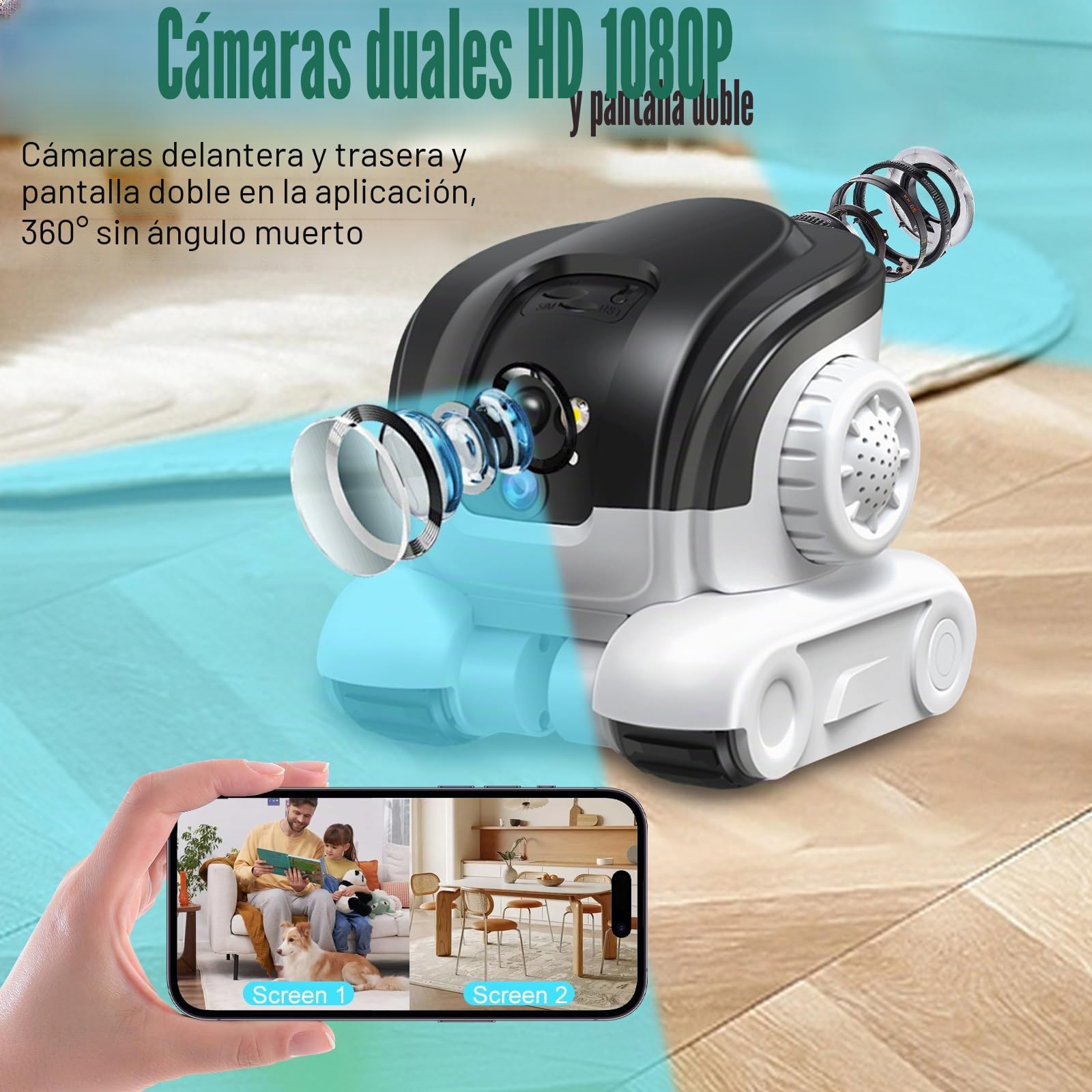 Robot Camera, 1080P Duales Cámara Robot para Mascotas con Audio 2 vías, Visión Nocturna, Reconocimiento de Movimiento, Grabación de vídeo, Control de Aplicaciones para Gatos, Perros, Bebé