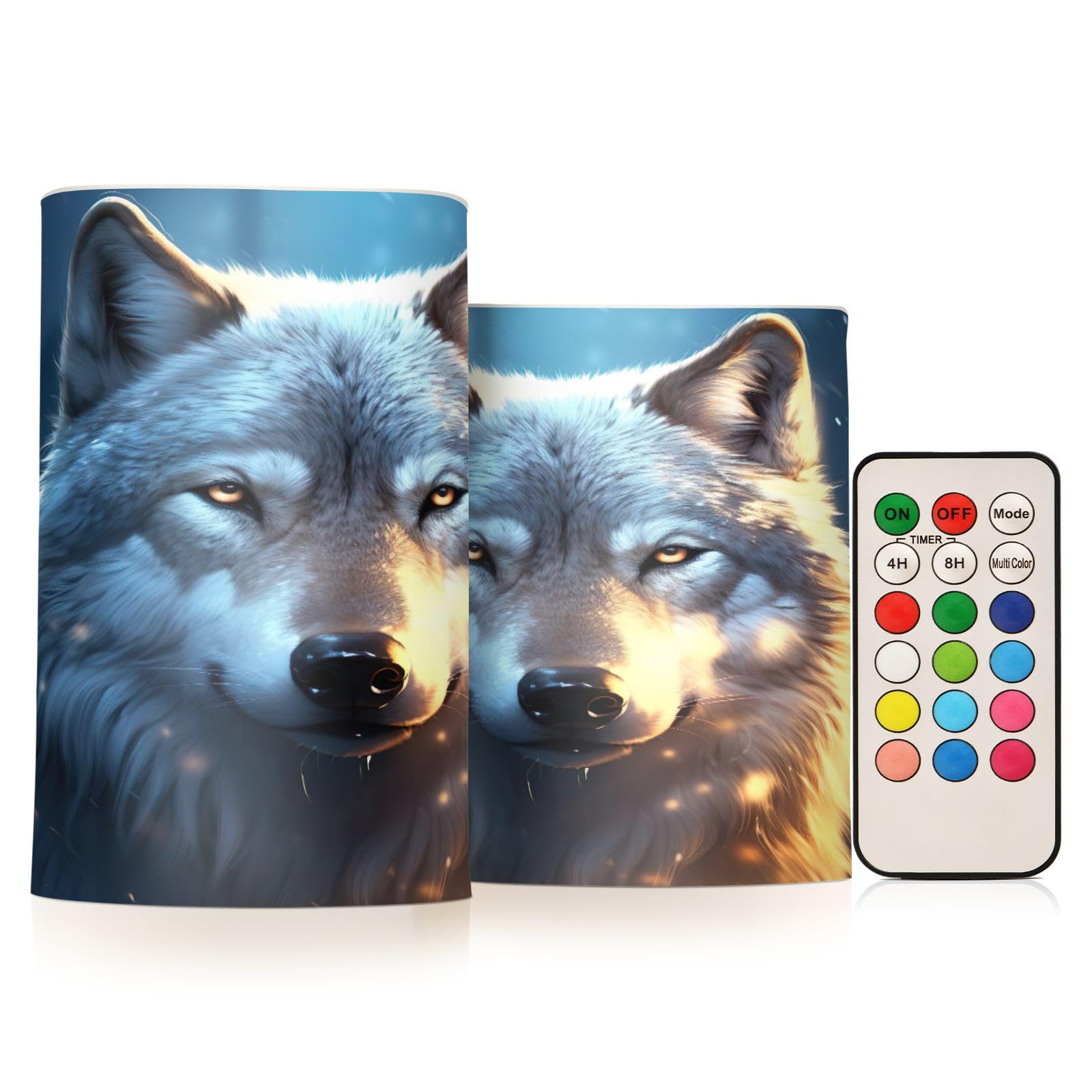 Kigai White Wolf Portrait Flameless Candles with Remote Control and Timer,Battery Operated LED Pillar Candles Adjustable Brightness for Ourdoor Indoor Use,Home Decor,2 Pack