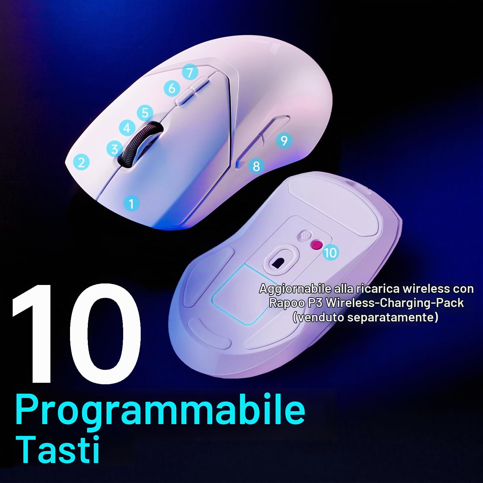 Rapoo VT9PRO 4K Mouse Wireless Gaming 68g Ultraleggero Mouse da Gioco | PAW3398 26K DPI, 4000Hz, Batteria 160 Ore, 10 Tasti Programmabili, Memoria Integrata, Mouse Ricaricabile per PC/ Mac, Bianco
