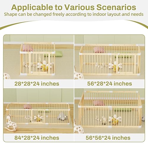 Miniatura 7 de Corralito grande de madera para bebés, puerta ajustable para niños pequeños y bebés, valla plegable con puerta, área de juegos segura y portátil