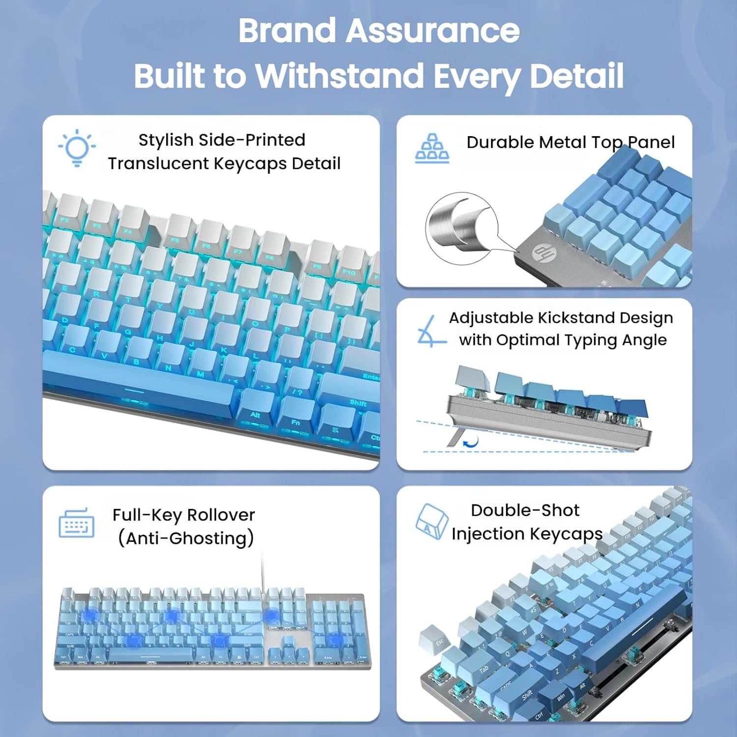 HP GK400F Mechanical Gaming Keyboard, 104 Keys Wired USB Keyboard with Tactile Brown Switches, Ice Blue LED Backlight, Full N-Key Rollover, Ergonomic Design, White & Blue Gradient