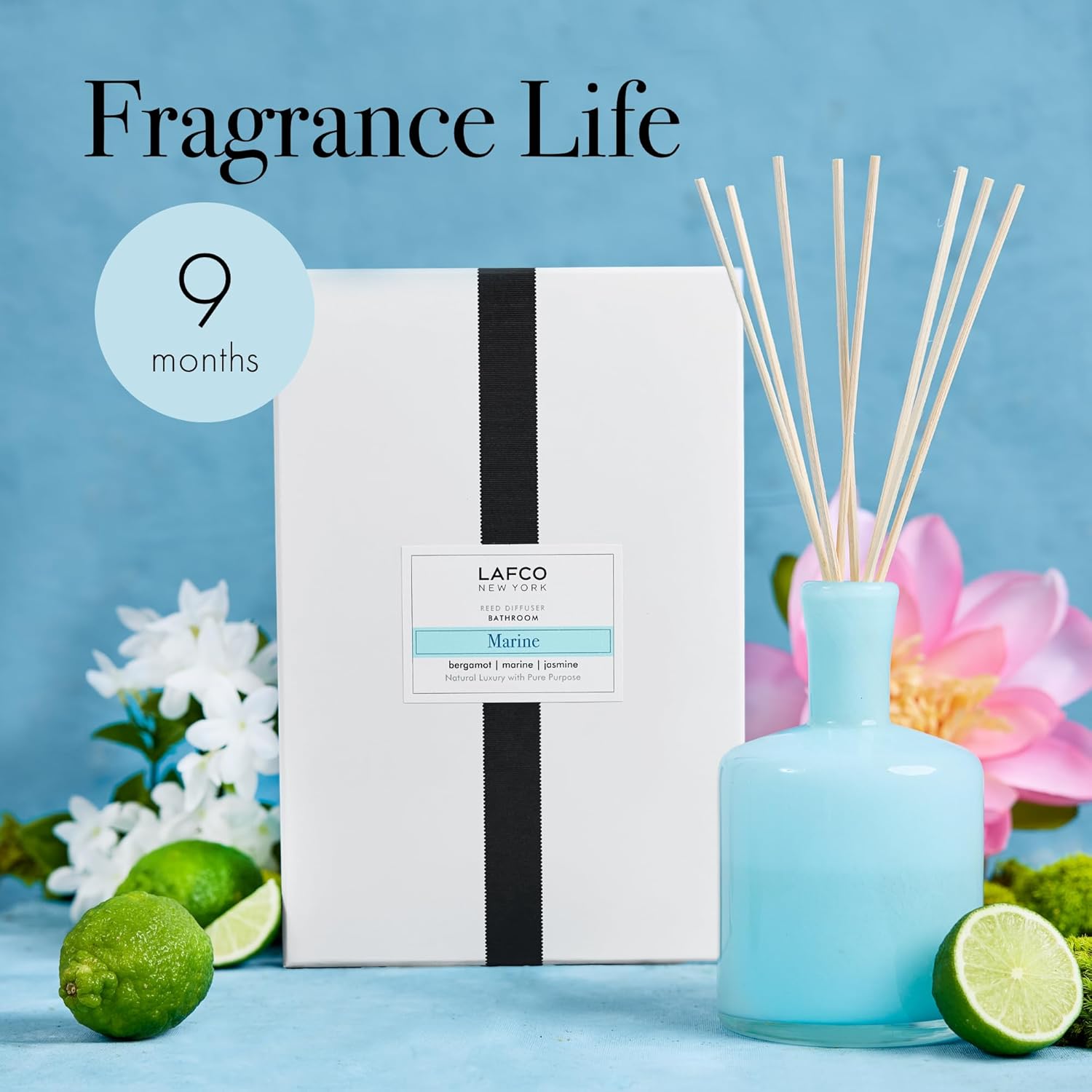 LAFCO New York Signature Reed Diffuser, Marine - 15 oz - Up to 9 Months Fragrance Life - Reusable, Hand Blown Glass Vessel - Natural Wood Reeds - Made in The USA