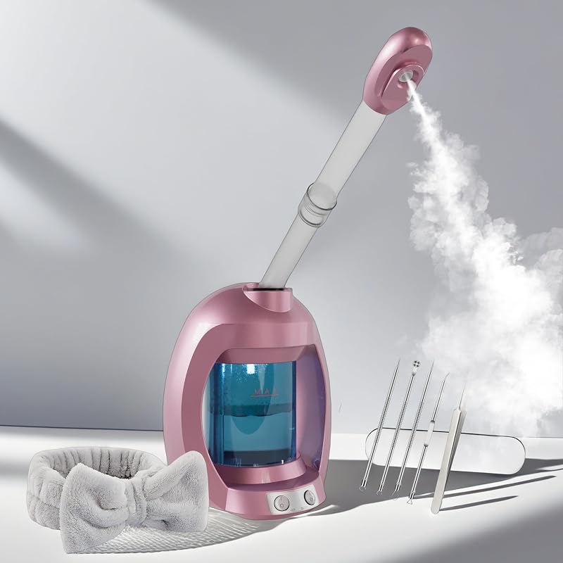 Vaporizador facial Asiakarn Nano Ionic rosa com kit de cuidados e faixa de cabelo