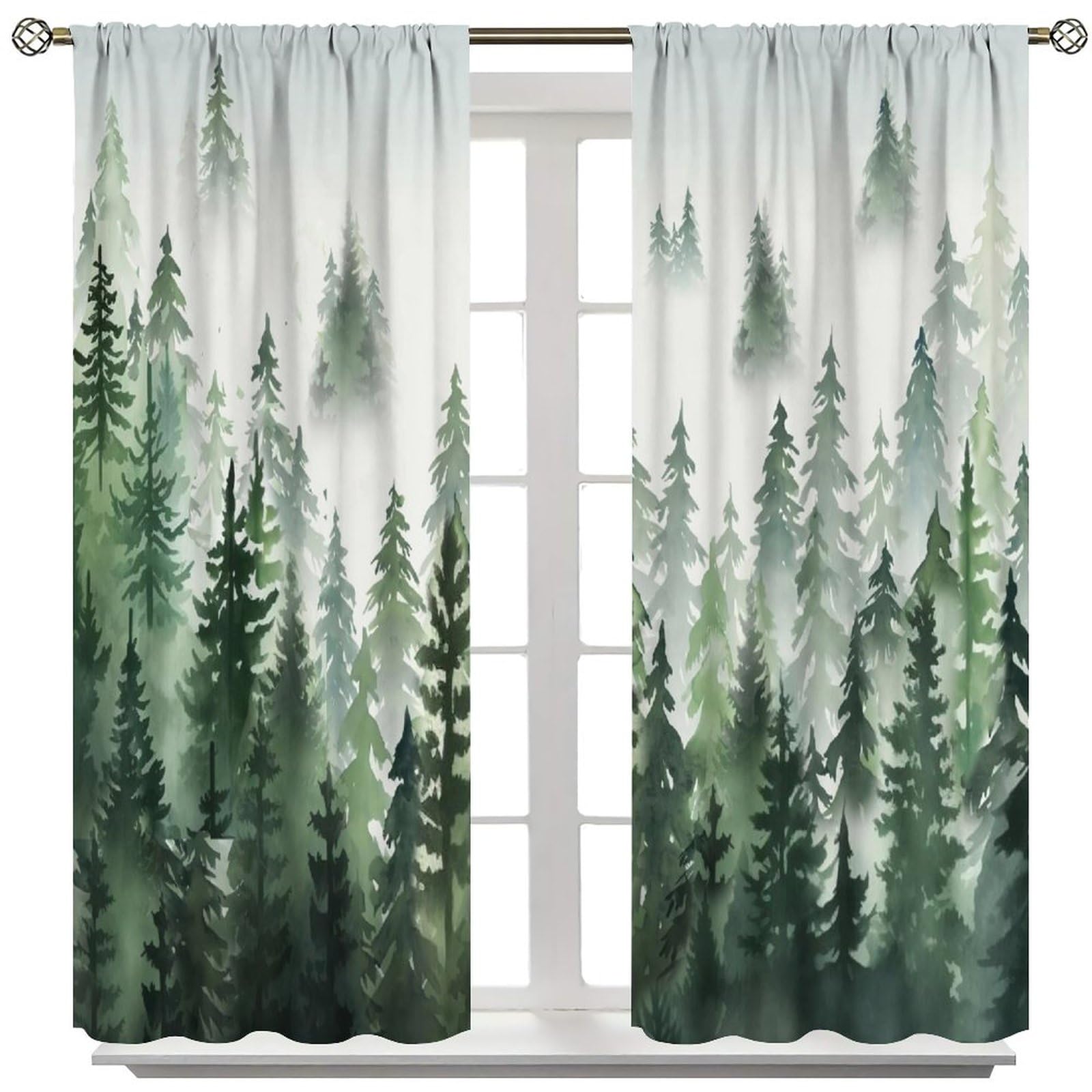 Green Forest Curtains Green Watercolor Forest Tree Silhouette Nature Landscape Printed Living Room Bedroom Window Drapes 42x63inch(107x160cm)
