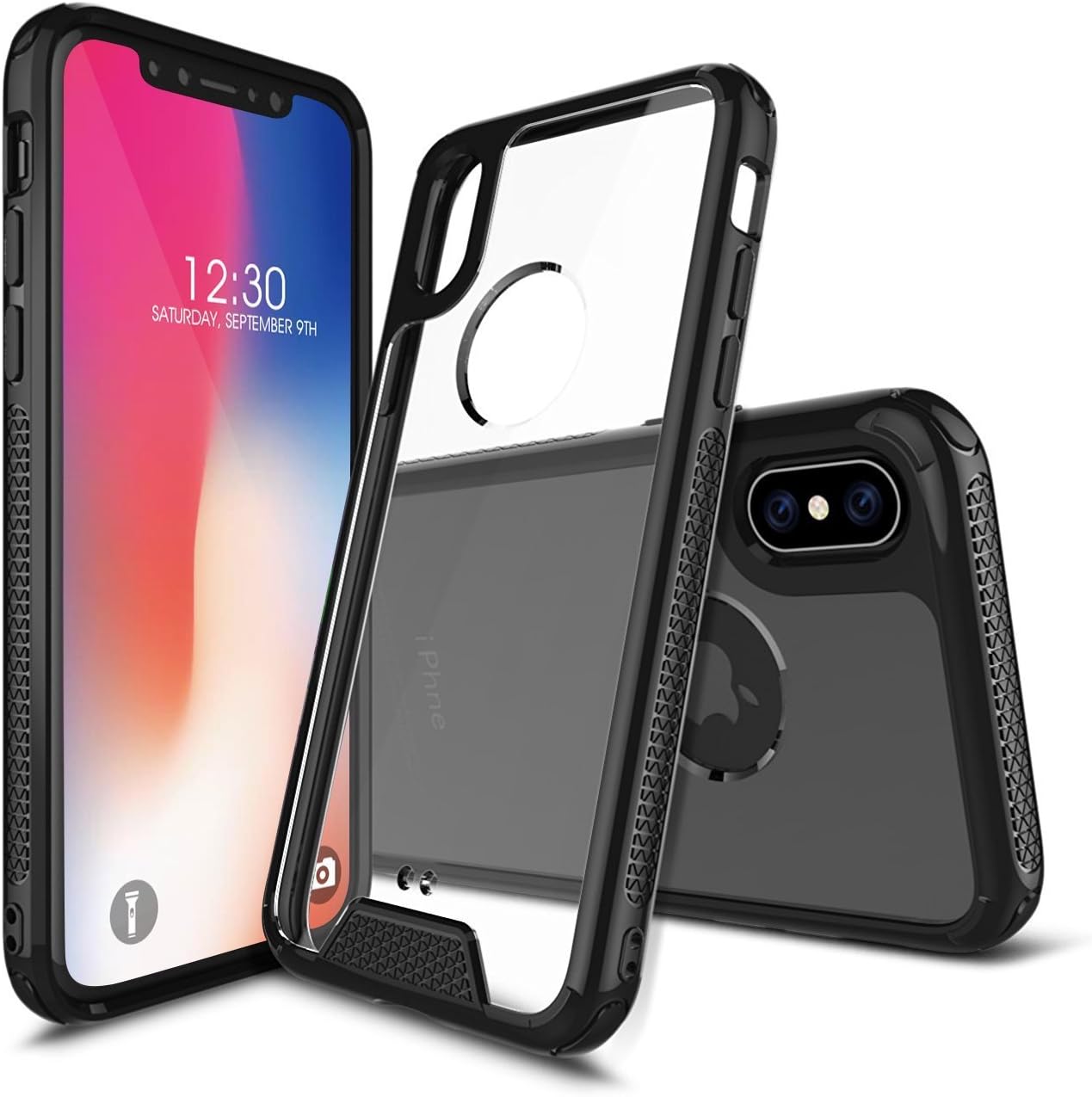 iPhone X Full Protective Phone Case - Sleek & Slim Design, Transparent Hard Silicone - Resilient Shock Absorbtion, Drop Protection for Apple iPhone X 2017 (Black, Clear) Shalkon