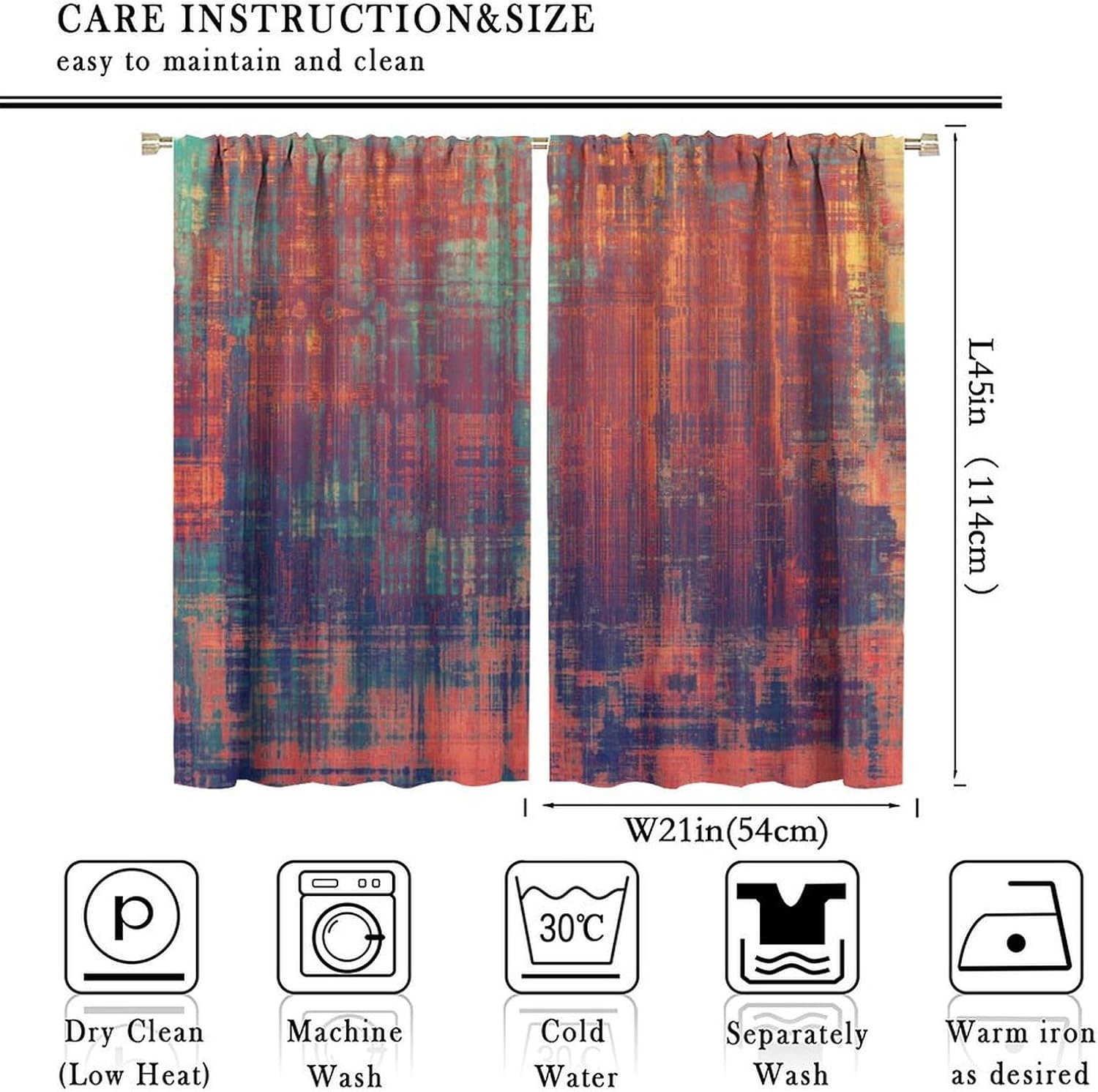 Grunge Texture Vintage Curtains Brown Purple Violet Blue Red Orange Ink Printing Curtain with Rod Pocket for Farmhouse Kitchen Decor Drapes Window Treatments 2 Panels Set 42x45 Inch