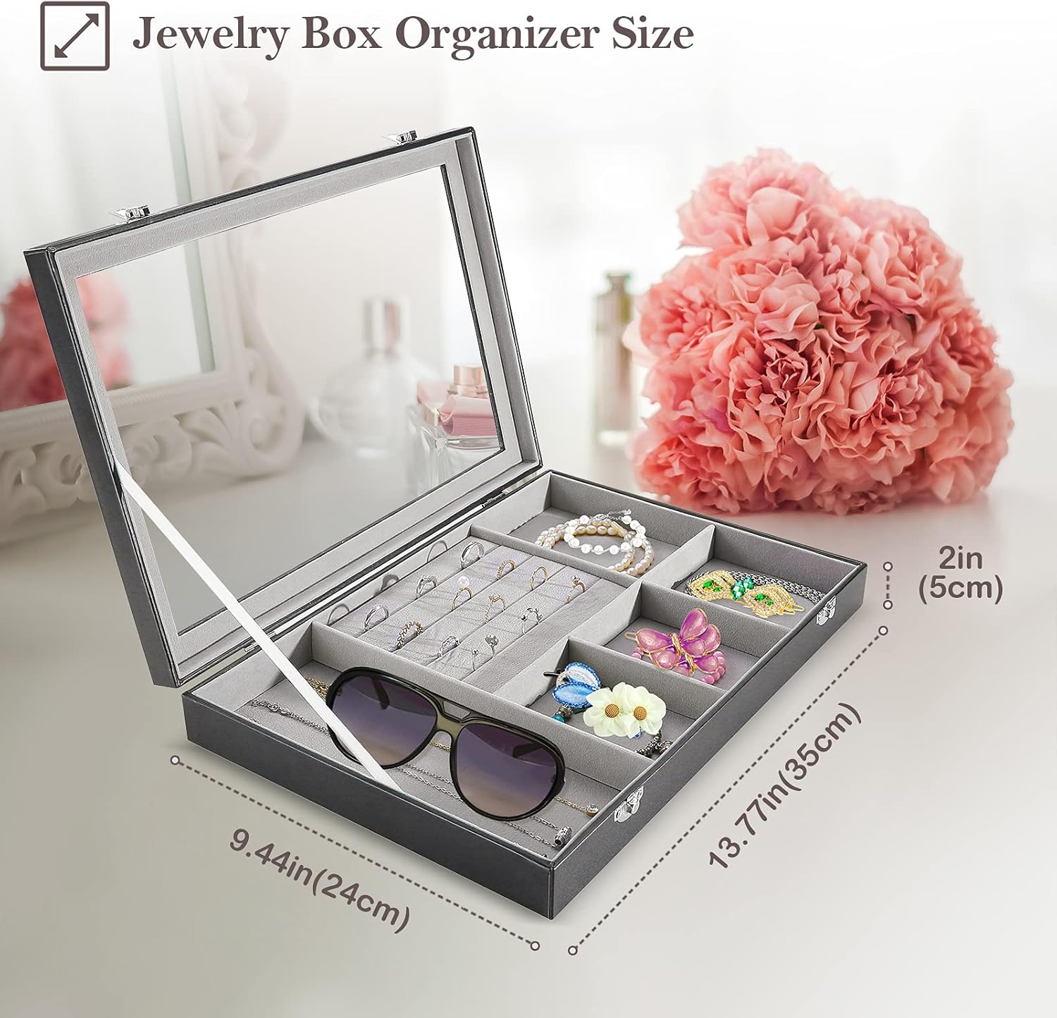 ProCase Jewelry Organizer Box Tray with Glass Lid for Women Girl Wife, PU Leather Display Case with Ring Holder, Multi-compartment for Rings Earrings Necklace Watch Sun Glass Bracelets -Black : Clothing, Shoes & Jewelry