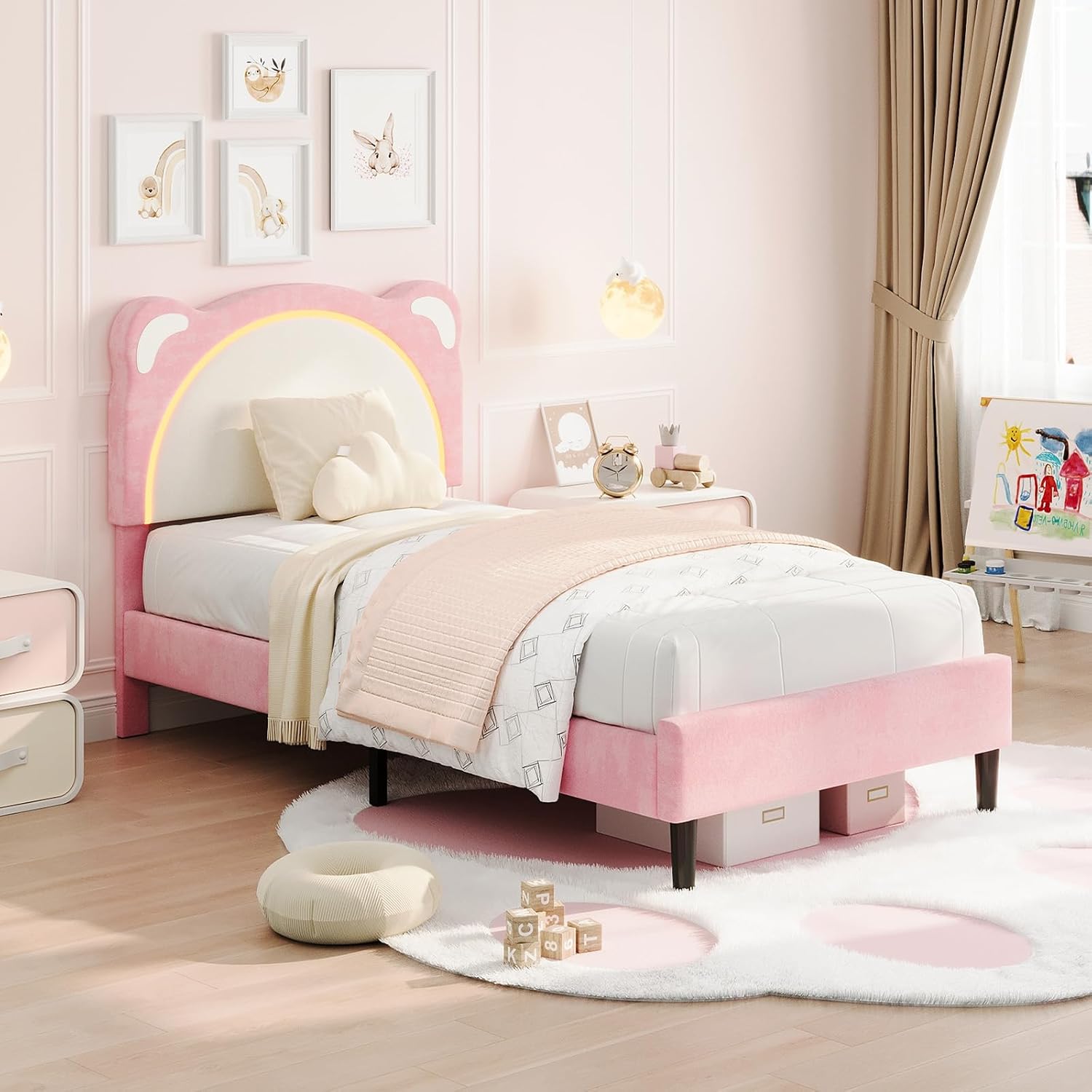 GarveeHome Twin XL Size with LED Lights,Adjustable Headboard with Cute Bear Design,Soft Velvet Fabric Bed Frame for Kids,Solid Wood Slat Support,Noise-Free,Easy Assembly,Pink