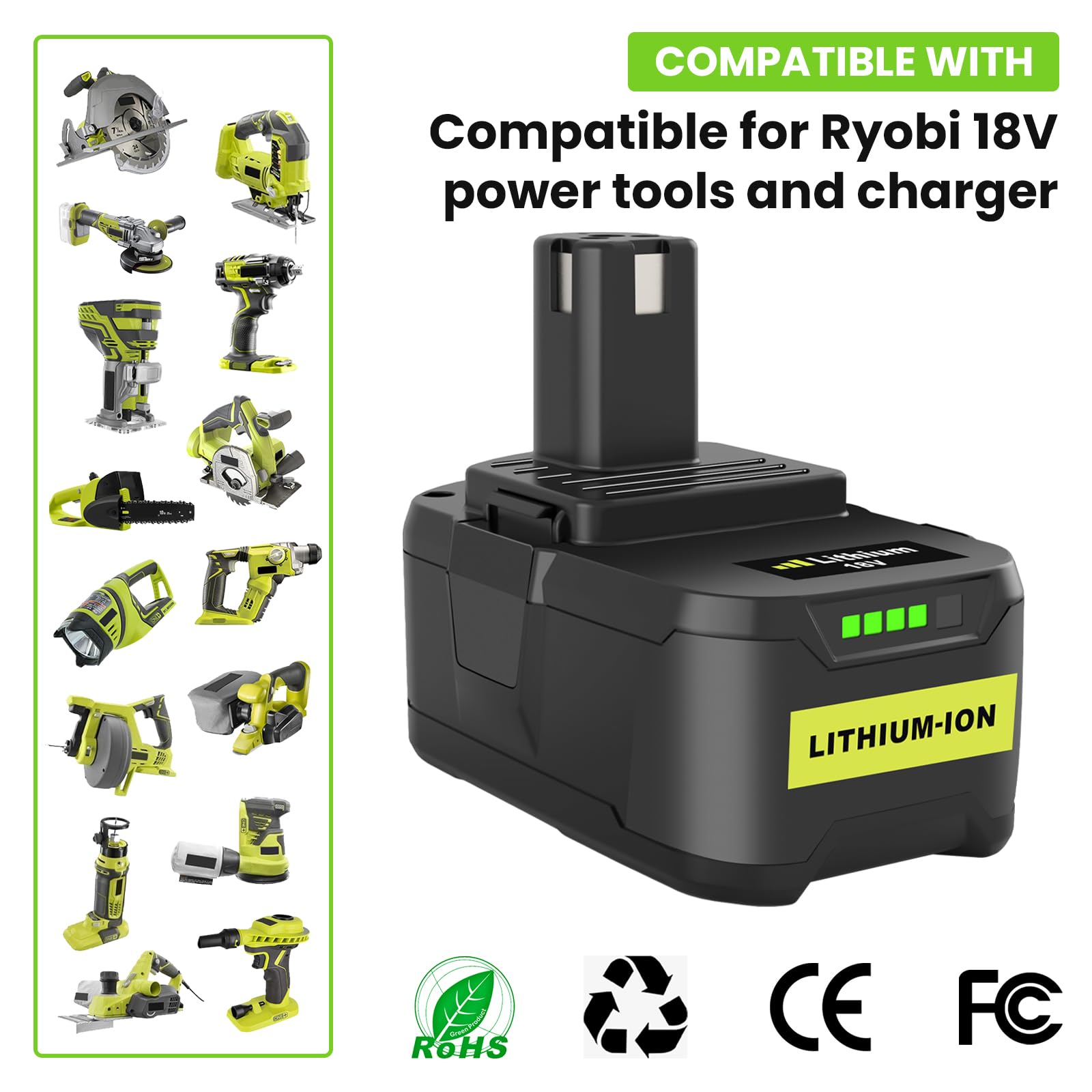 2X 18V 5,5Ah (con Cargador) Batería de Repuesto para Ryobi + Cargador 9,6V-18V 3A para Ryobi P106 P107 P108 P100 P102 P103 P105 Self-LED (Verde)