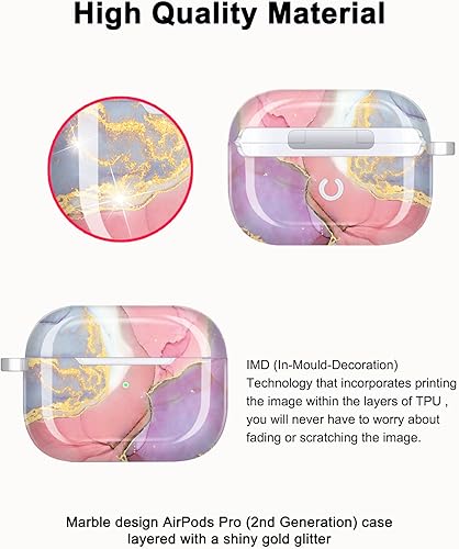 Miniatura 2 de JIAXIUFEN Funda para Airpods Pro de 2 generación, diseño de mármol con purpurina dorada, piel protectora de TPU para mujeres y niñas con llavero