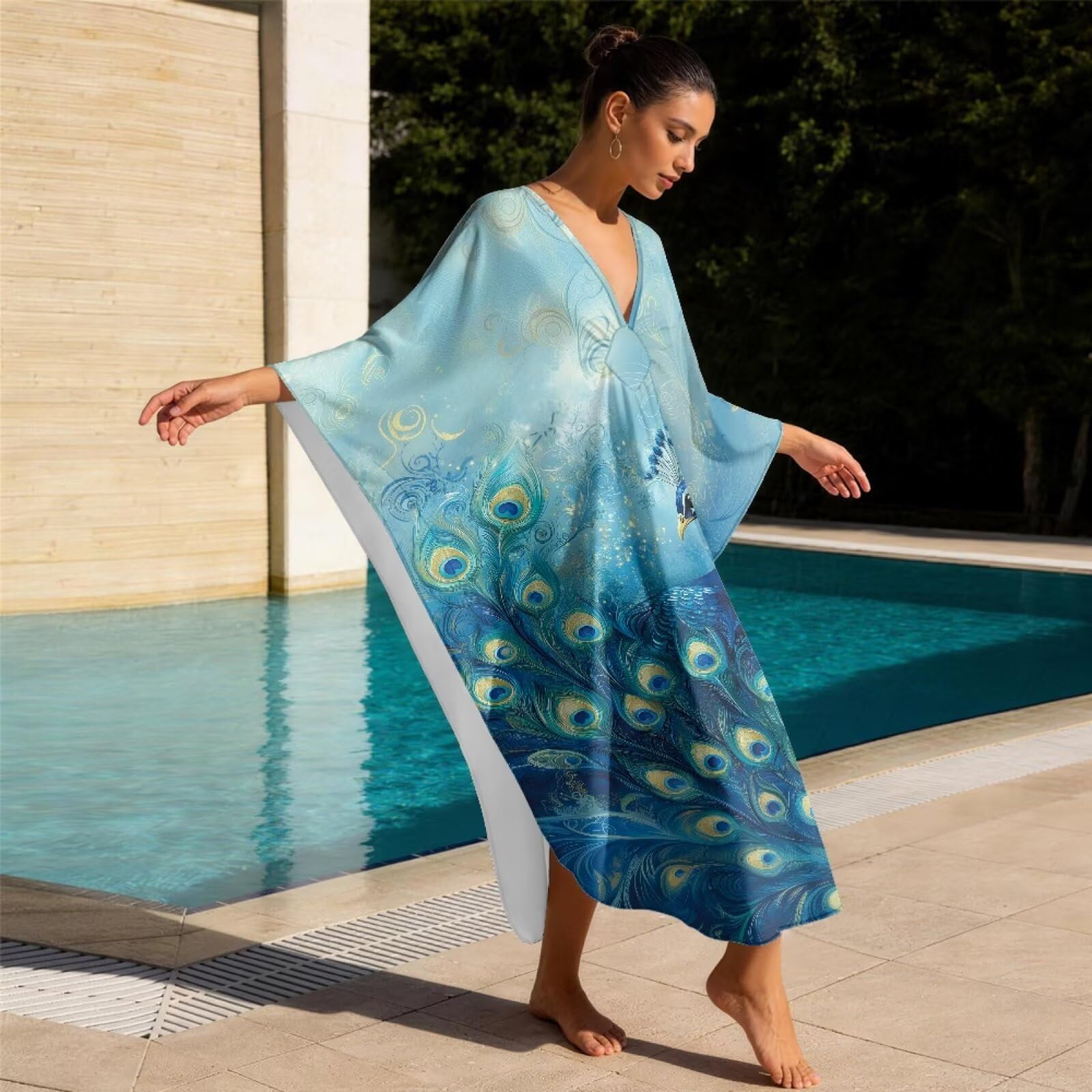 Poceacles Sukienki kaftan dla kobiet z rozcięciami po bokach strój kąpielowy okrycie z nadrukiem kaftan letnia sukienka boho na tropikalne wakacje