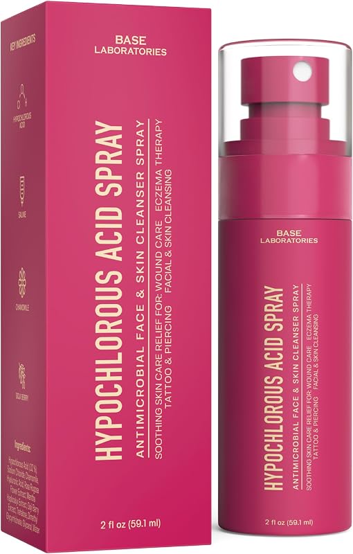 BASE LABORATORIES Hypochlorous Acid Spray for Face & Skin - Travel Size - Facial Toner Spray & Cleaner - Skin Repair Solution helps reduce redness, Irritations, acne - HOCL Molecule Spray 2oz