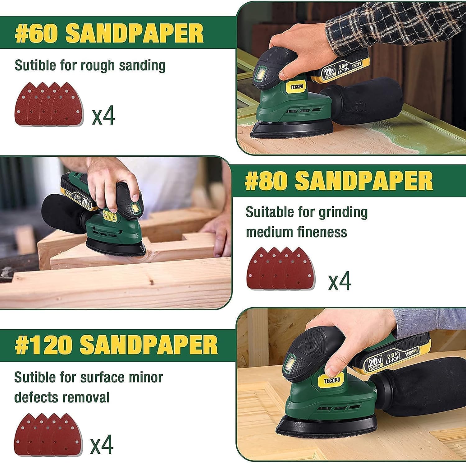 TECCPO Mouse Detail Sander, 20V 12000 OPM Sander with 12Pcs Sandpapers, 2.0Ah Battery with Fast Charger & TECCPO 20V MAX 4.0 Ah Lithium-Ion Large Capacity Battery-Pack - - 
