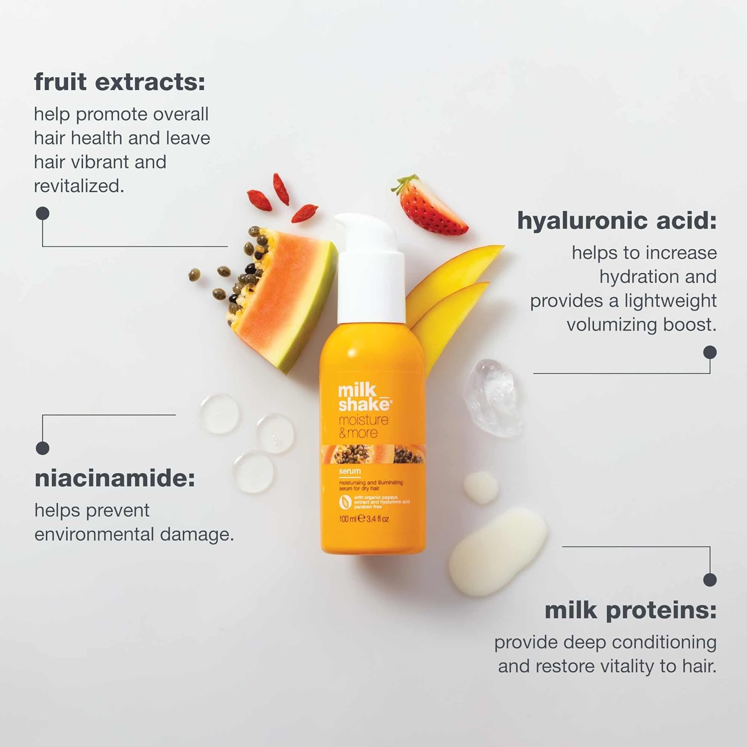 milk_shake moisture & more serum | hydrating leave-in treatment for dry hair | with milk proteins, fruit extracts & hyaluronic acid to smooth and add shine | 3.4 fl oz