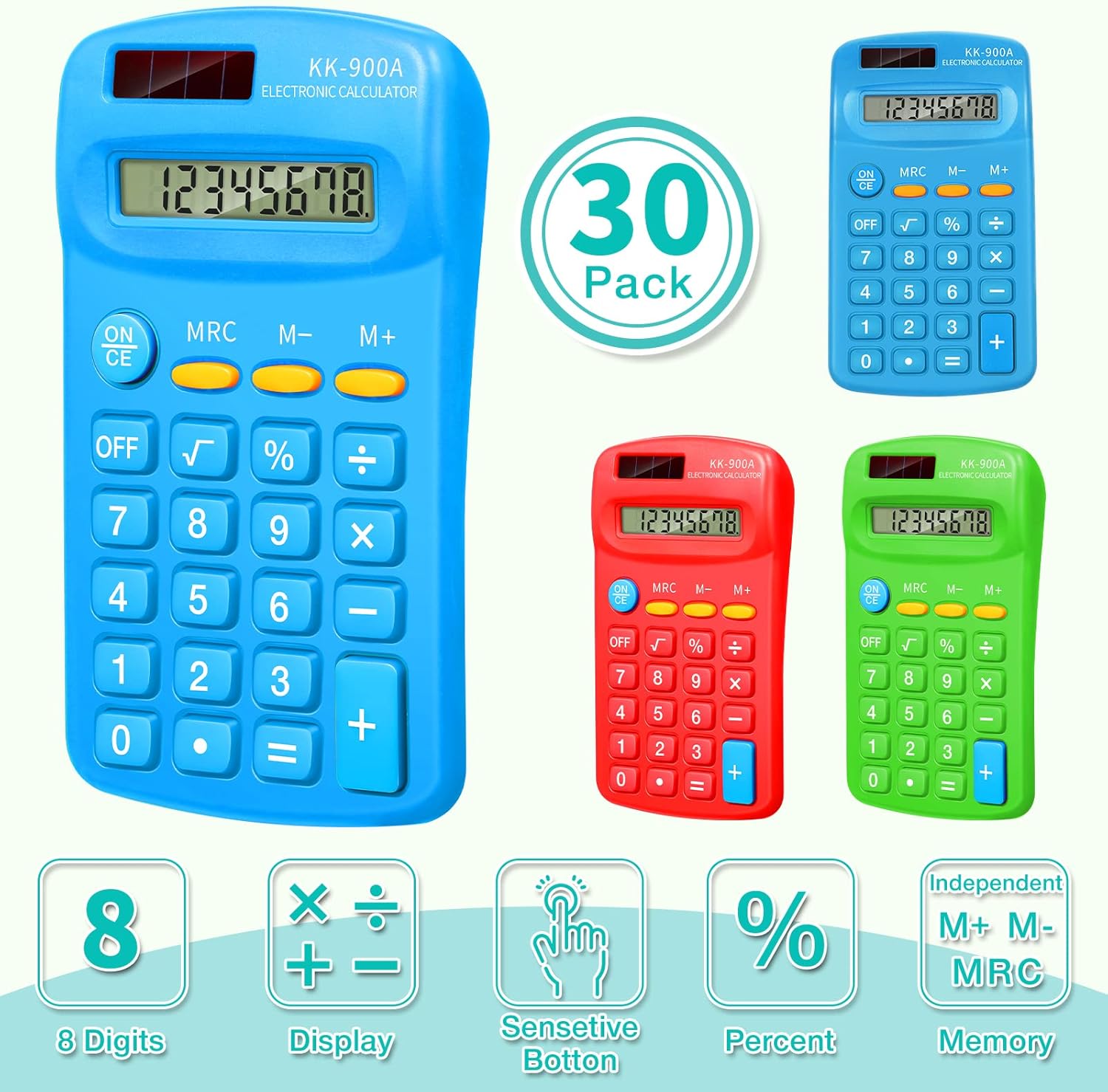 Diagram highlighting the features of the Flutesan pocket calculator, including 8 digits, display, sensitive buttons, percent function, and independent memory.