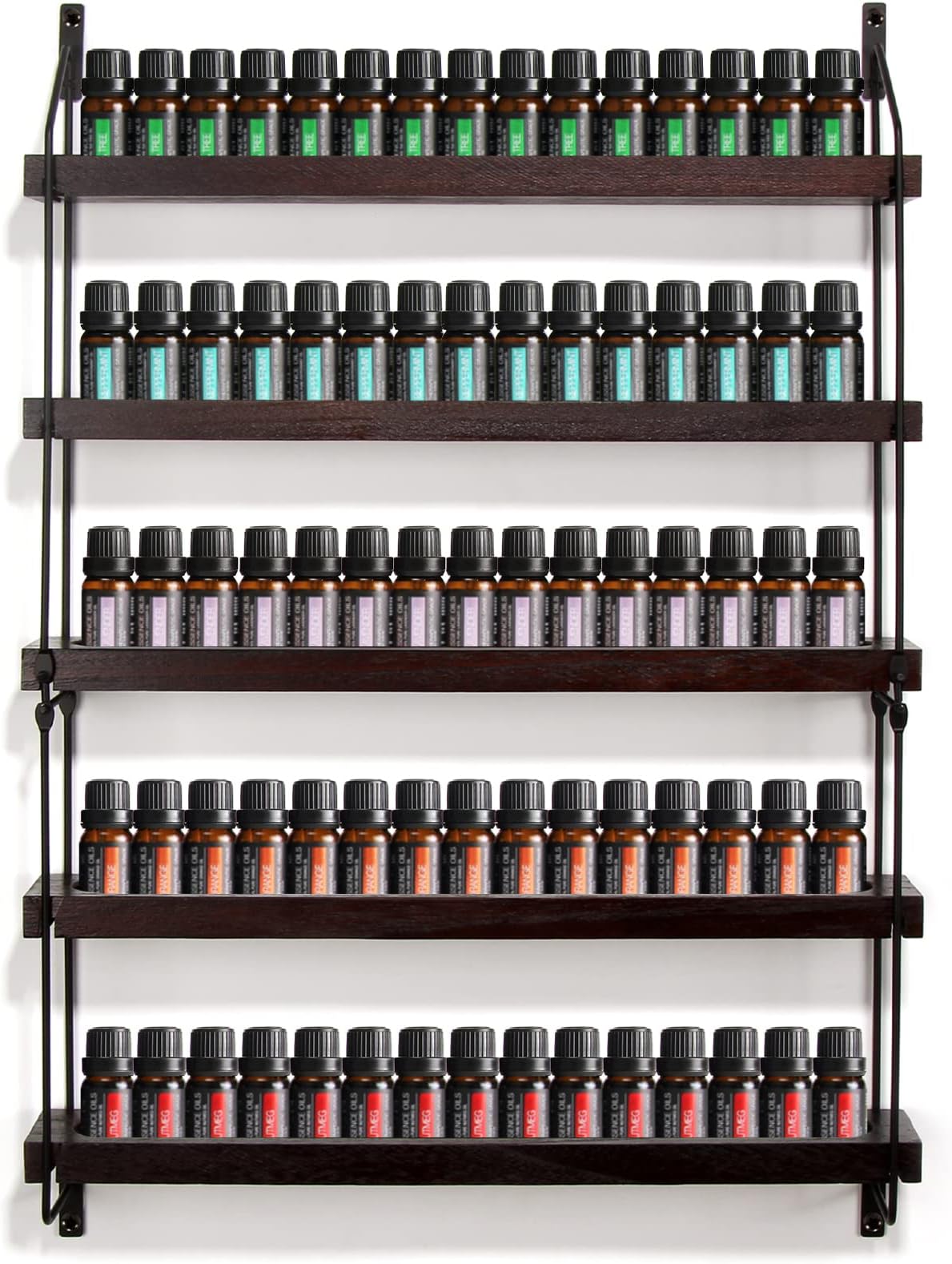 Essential Oil Storage Shelf Wall Mounted 16.9" Wooden Essential Oil Collection Display Rack Organizer 5 Tiers Holds 75 Bottles, Nail Polish Holder Paint Organizer
