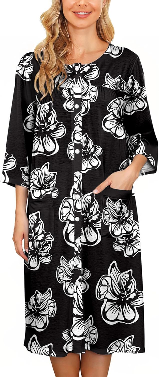 Bloggerlove House Dress Women Cotton Snap Front Nightgown 3/4 Sleeve Housecoat Duster Robe with Pockets Moomoo Patio Dress