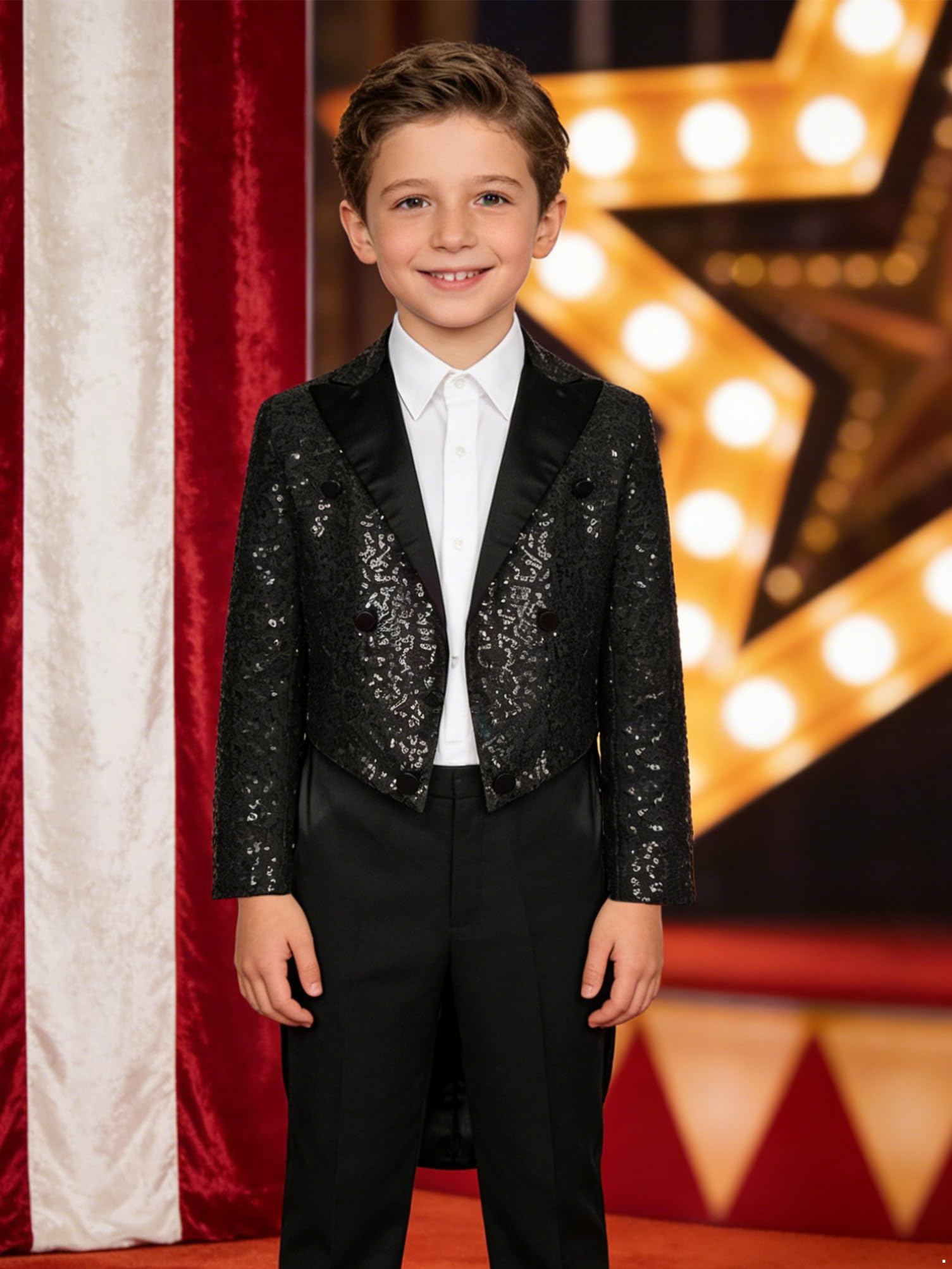 Aislor Veste Pailletté Garçon Costume Smoking Mariage Soirée Fête Enfant Manteau Gentilhomme Formel Blouse Tailcoat Queue de Pie Cirque Danse Spectacle Performance