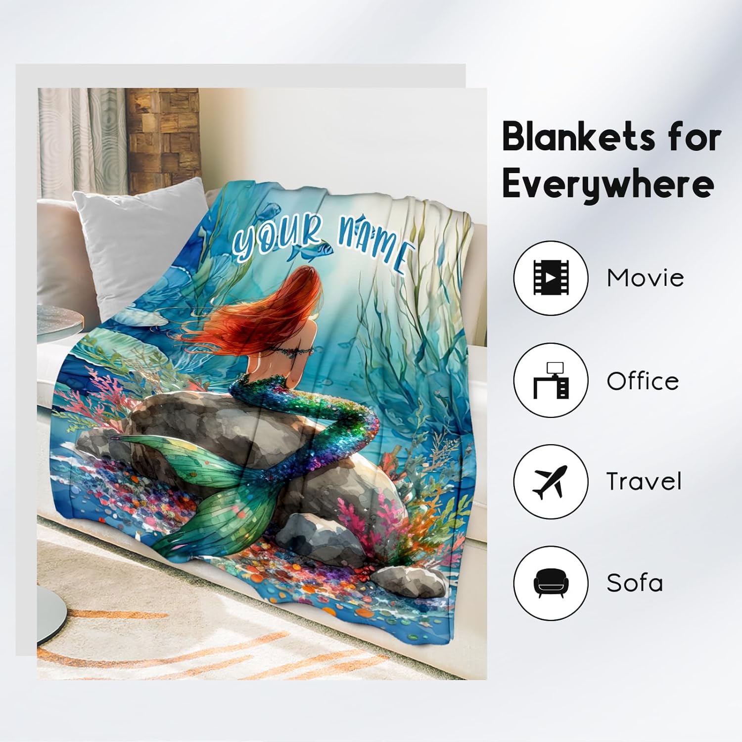 Custom Mermaid Blanket - 60x80 Inches Cute Throw Blanket for Kids - Soft Fuzzy Blankets for Couch & Office