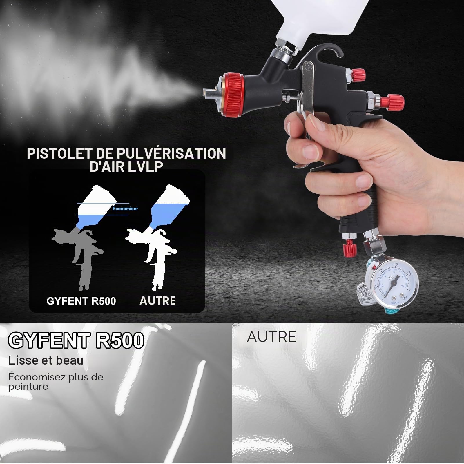 R500 Lvlp Kit de pistolet à air comprimé 4 buses, tasse de 600 ml
