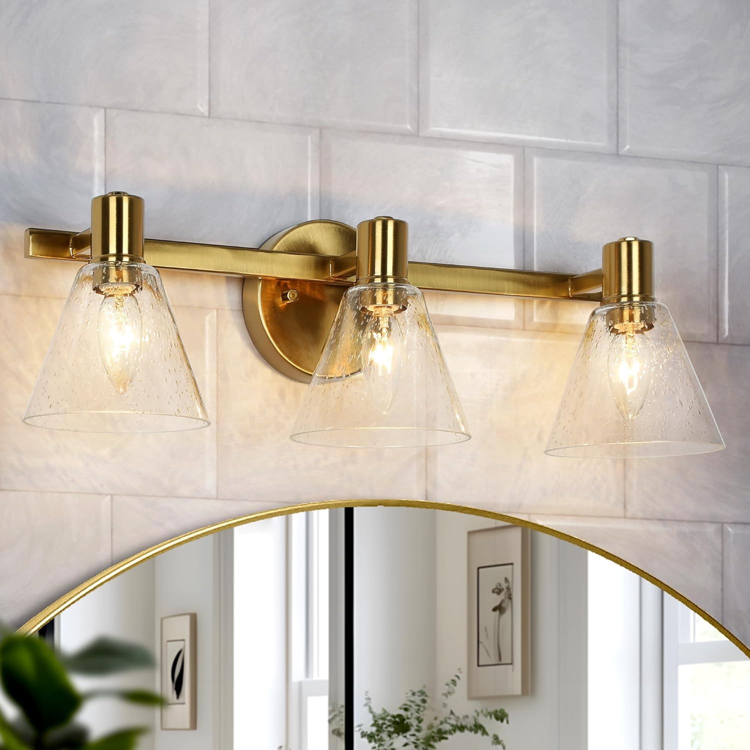 LALUZ Modern Gold Bathroom Vanity Light, 3-Light Bathroom Light Fixtures Over Mirror with Cone Seeded Glass Shades, Electroplated Brass Vanity Lighting for Bathroom, Powder Room, or Dressing Area