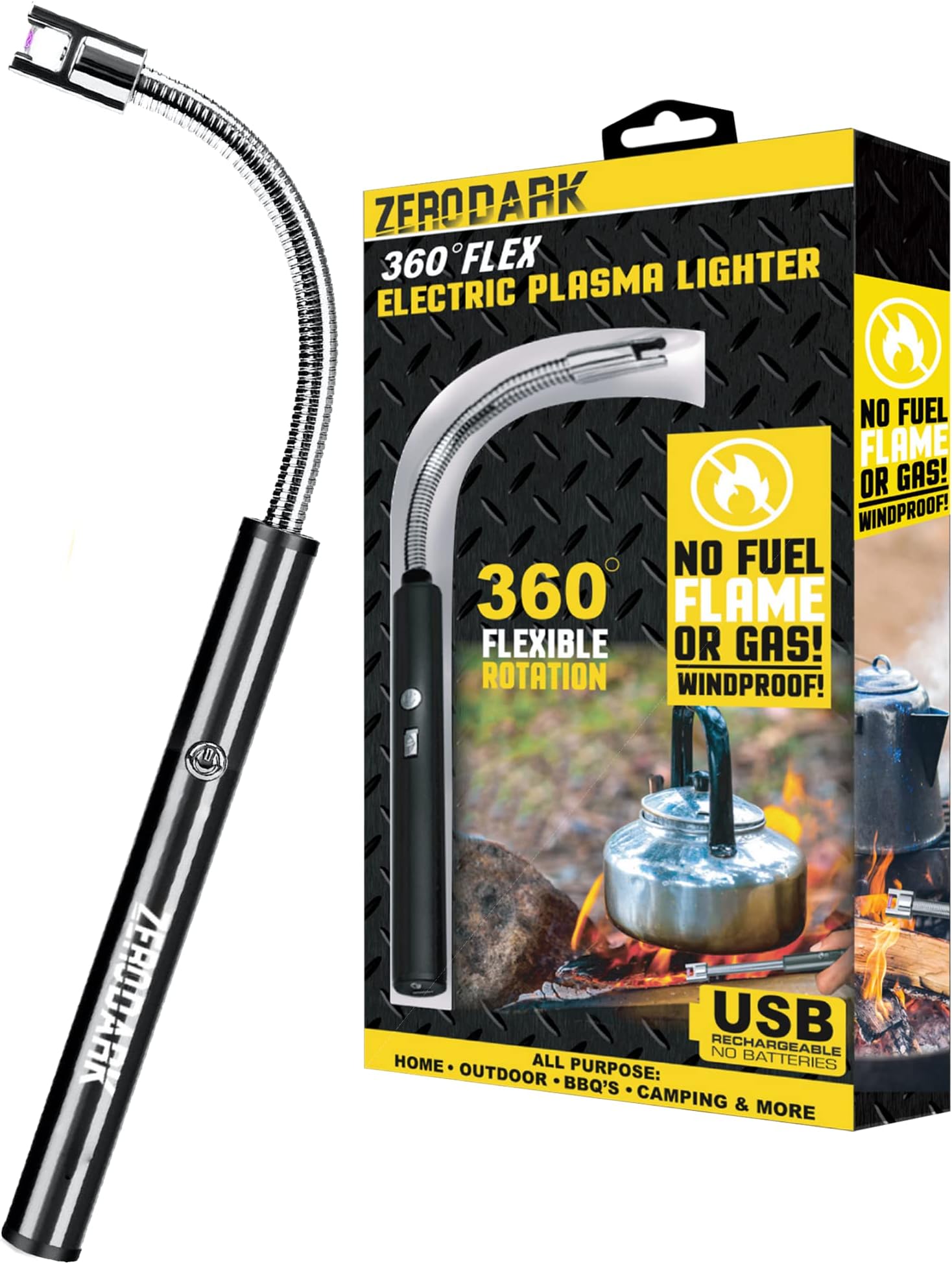 Aduro Sport ZeroDark 360 Flex Electric Plasma Lighter USB Rechargeable Candle Lighter with Long Arc 360° Flexible Neck for Grill, Camping, Cooking, BBQ, and Fireworks