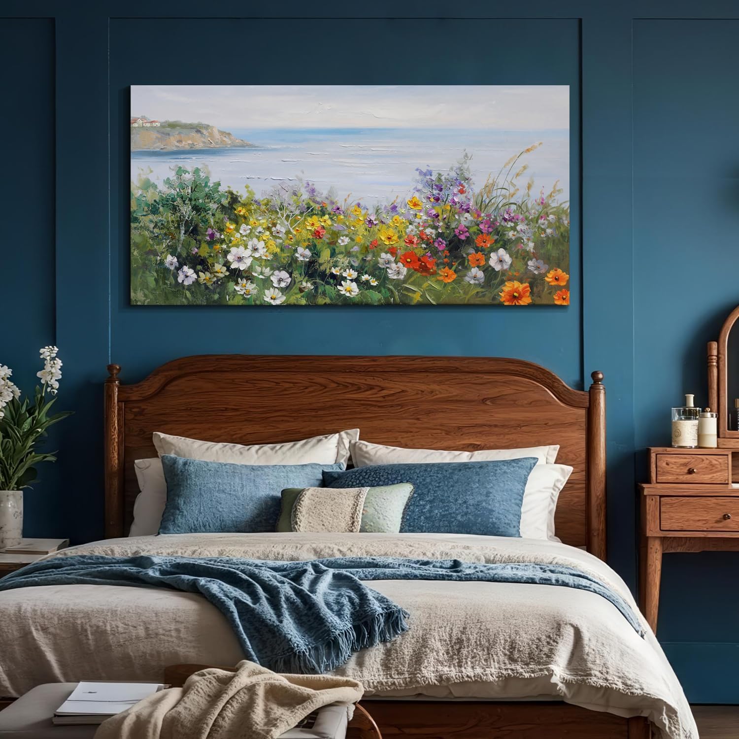 Acocifi Coastal Floral Wall Art Canvas Nature Flower Landscape Seascape Painting Colorful Wildflowers Picture, Large Textured Artwork for Living Room Bedroom Bathroom Kitchen Office Home Decor 58"x29"