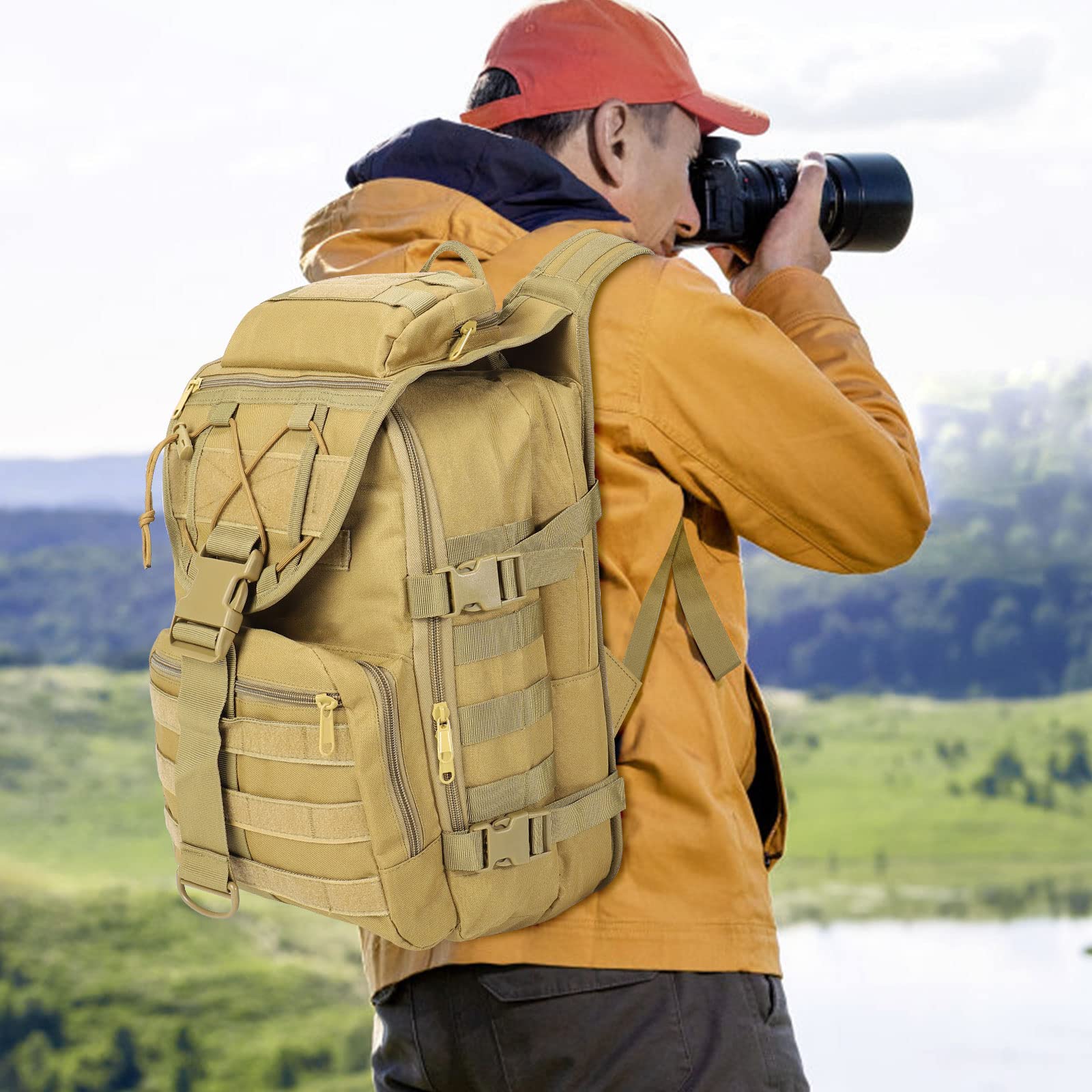 SHANNA Zaino Tattico Militare 35L, Impermeabile Zaini da Hiking, Zaino Assault 3 Giorni da Combattimento Molle per Escursionismo All'aperto Viaggio Campeggio Caccia alla Pesca Trekking, Cachi