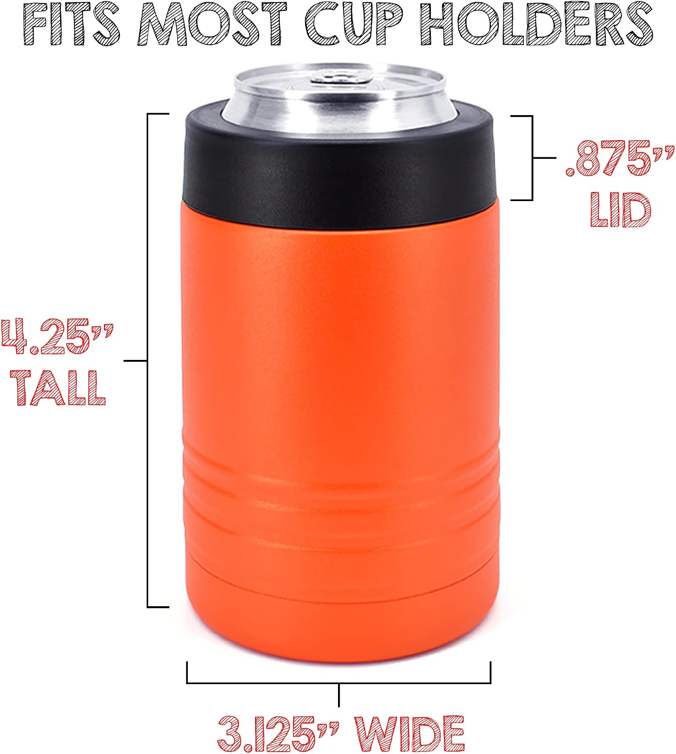 4-in-1 Stainless Steel 12 oz Double Wall Vacuum Insulated Can or Bottle Cooler Keeps Beverage Cold for Hours - Also Fits 16 oz Cans - Powder Coated Orange - Clear Water Home Goods