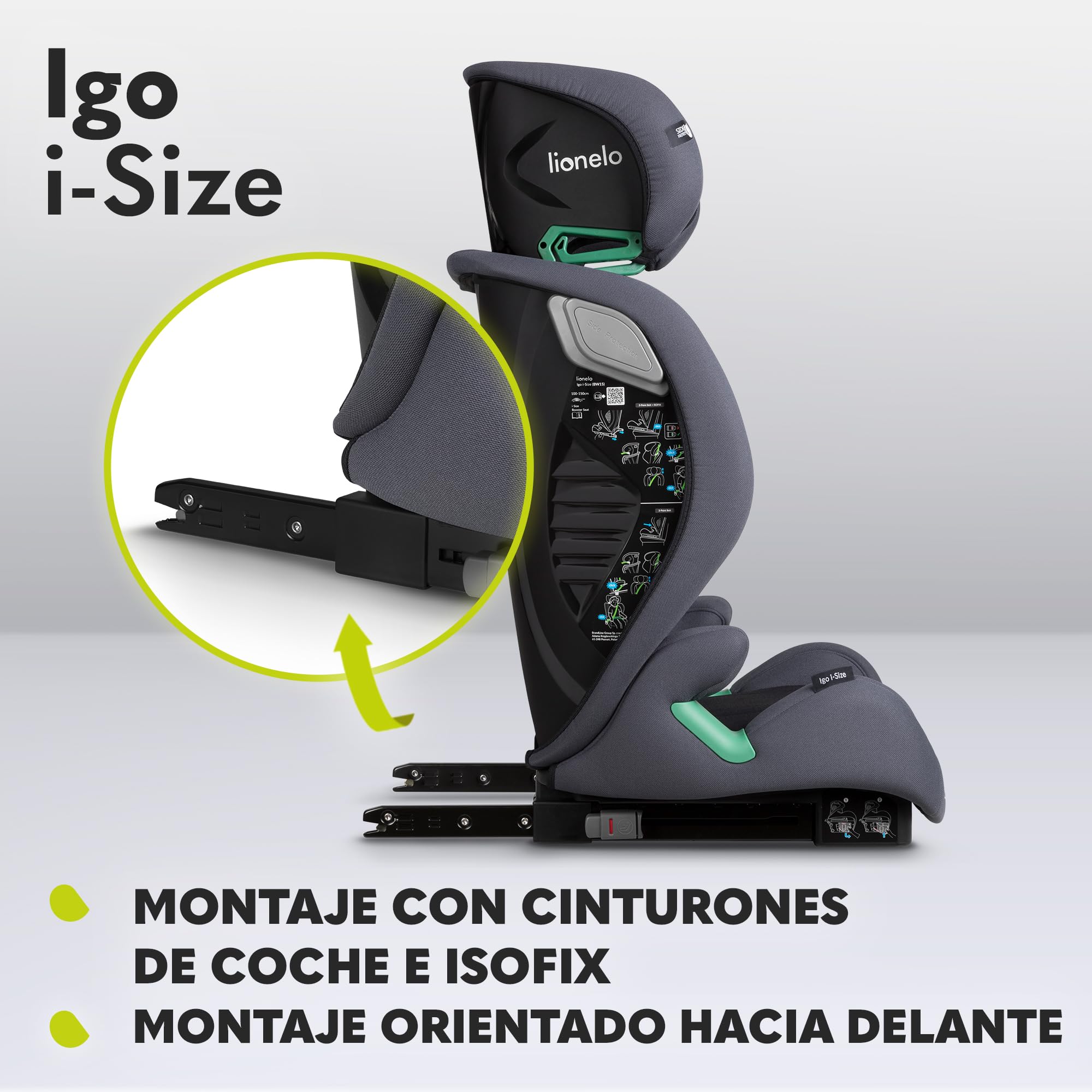 LIONELO IGO I-size Asiento infantil para coche, grupo 2 3, de 100-150 cm ISOFIX o fijación frontal sin correa, respaldo y reposacabezas ajustables con respaldo extraíble de espuma viscoelástic (Grey) | ISOFIX o Fijación Frontal sin Correa