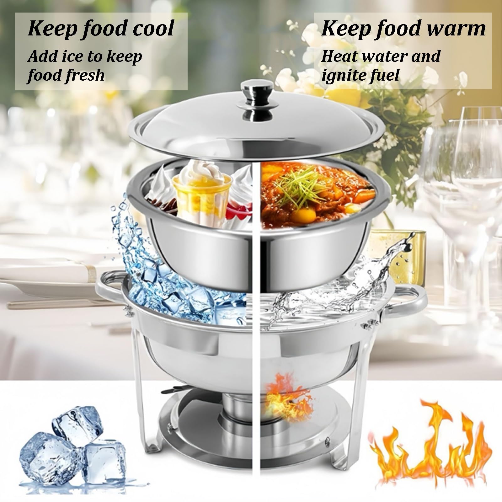 Juego de platos de roce, calentadores de buffet de acero inoxidable con sartenes para alimentos y agua, tapas, soportes de combustible, servidores redondos para fiestas, bodas, cenas, solución