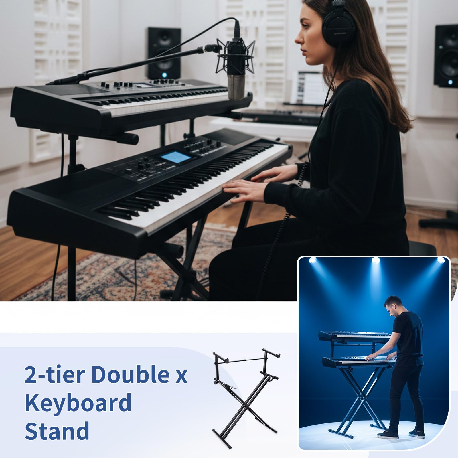 2-stöckiger Doppel-Keyboard-Ständer, robuster höhenverstellbarer Klavierständer mit Verriegelungsgurten und Schnellverschluss, tragbarer X-Style-Halter für 54/61/88 Tasten Digitalpianos