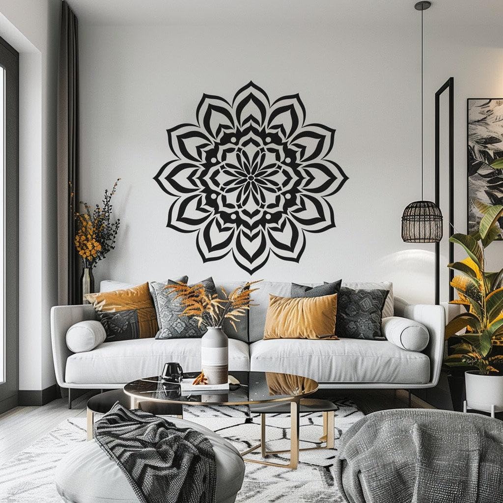 Adhesivo de pared con diseño de mandala para espacios de meditación y yoga, elegante calcomanía de vinilo extraíble para decoración del hogar y estudio, 134 x 134