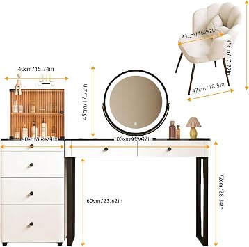 Modern Dressing Table with Mirror and Lights, Vanity Table with Drawers and Stool, Tempered Glass Display Top, Pre-Assembled Makeup Table with Reversible Cabinet for Small Bedroom