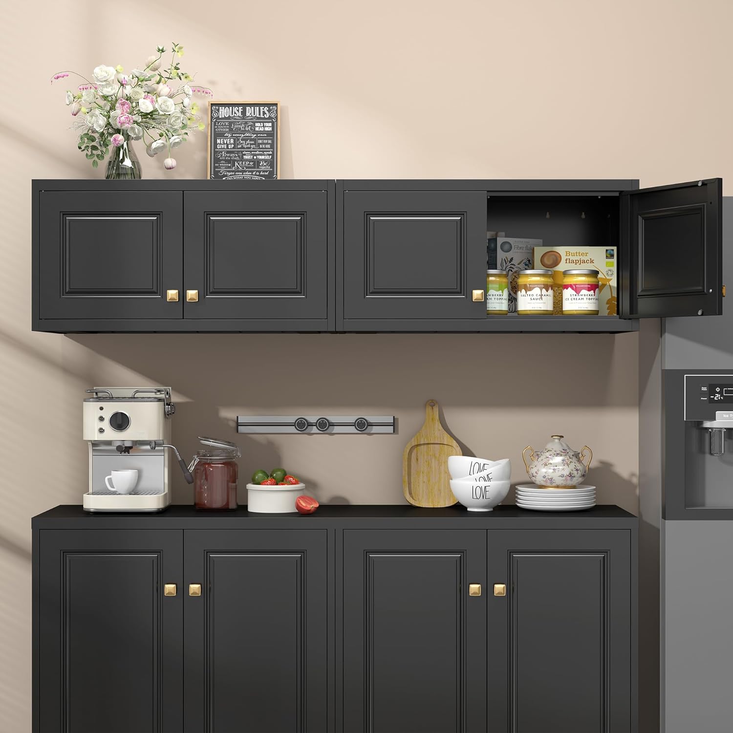 SteeLoong 15" Wall Upper Storage Cabinet,Metal Bathroom Wall Mounted Cabinet,Black Storage Cabinets for Basement,Livingroom Home Office