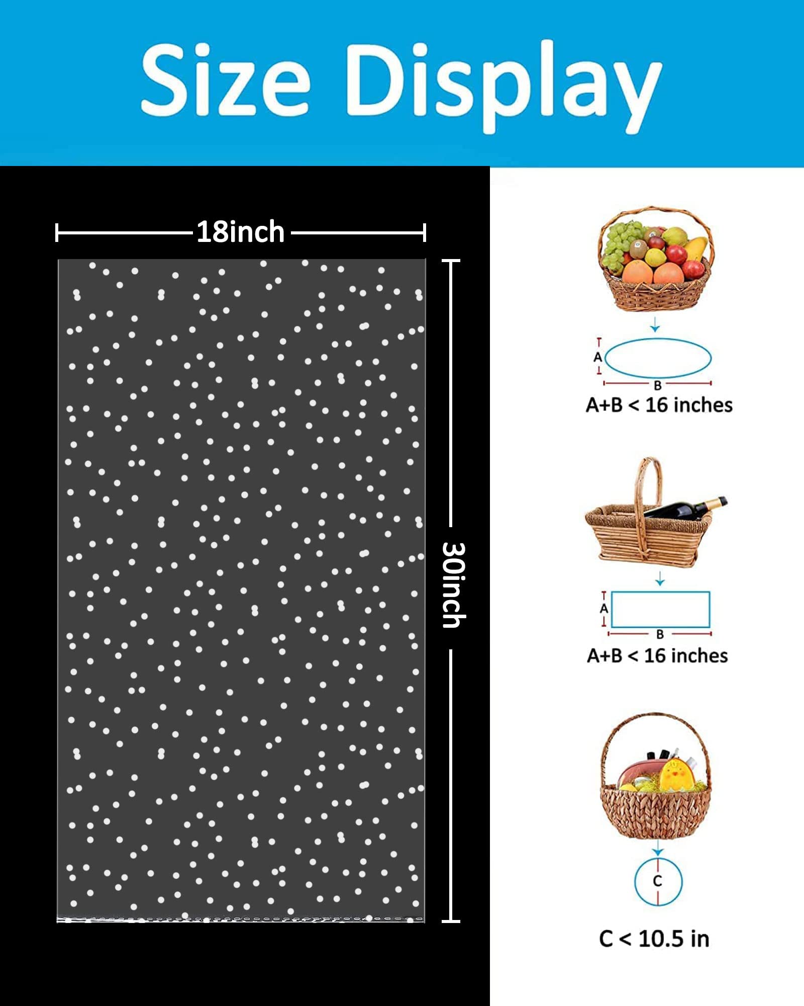 JOYIT 50 szt. przezroczystych torebek celofanowych z białymi kropkami (45 cm x 76 cm) – grubsze opakowanie celofanowe do koszy prezentowych, przezroczyste plastikowe torby z czerwonymi kokardkami