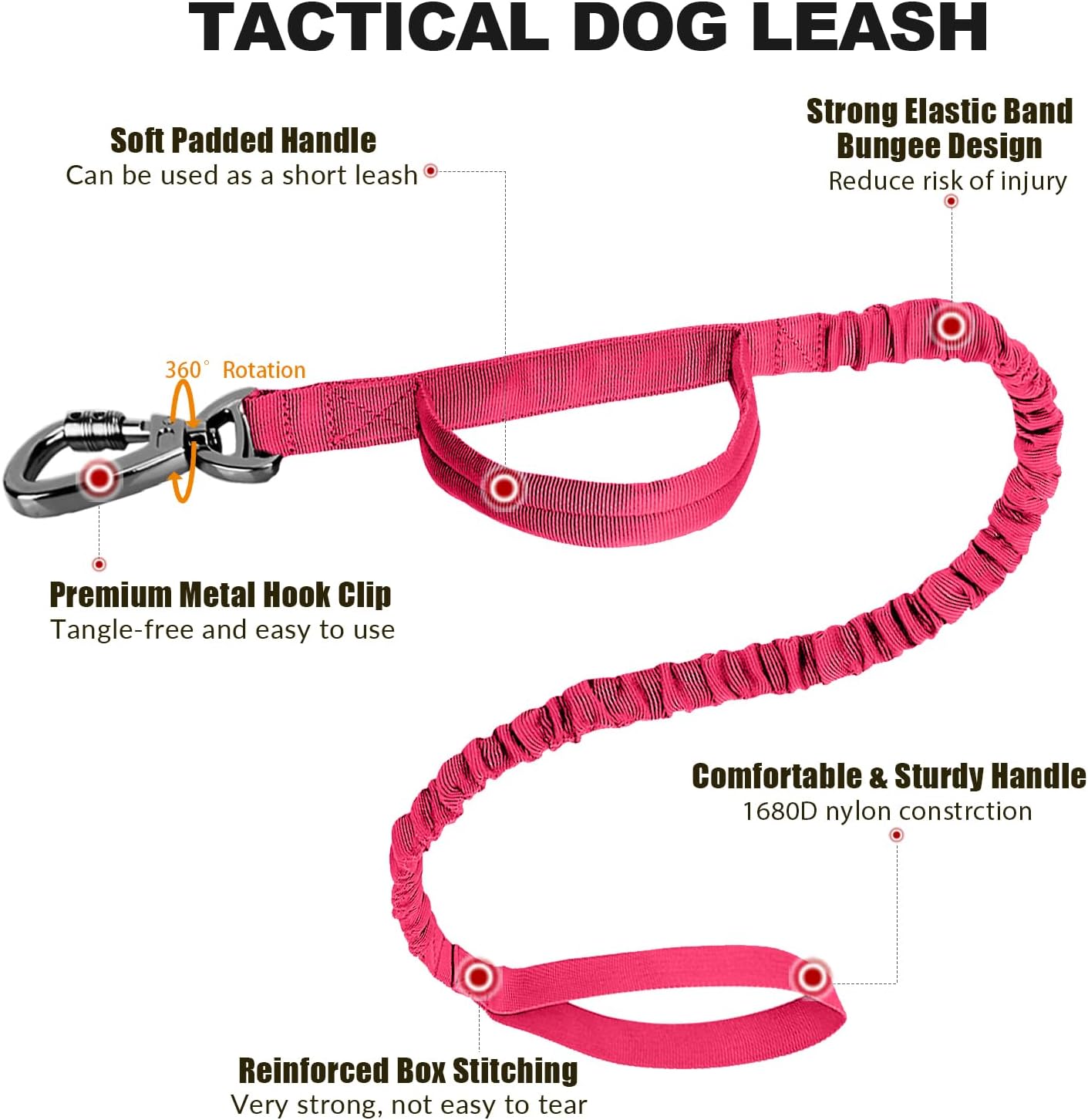 Tactical Dog Collar and Bungee Leash Set, Adjustable Military Training Nylon Dog Collar with Controll Handle and Heavy Metal Buckle，with USA American Flag, Patches and Airtags Case(Pink, L) image 3