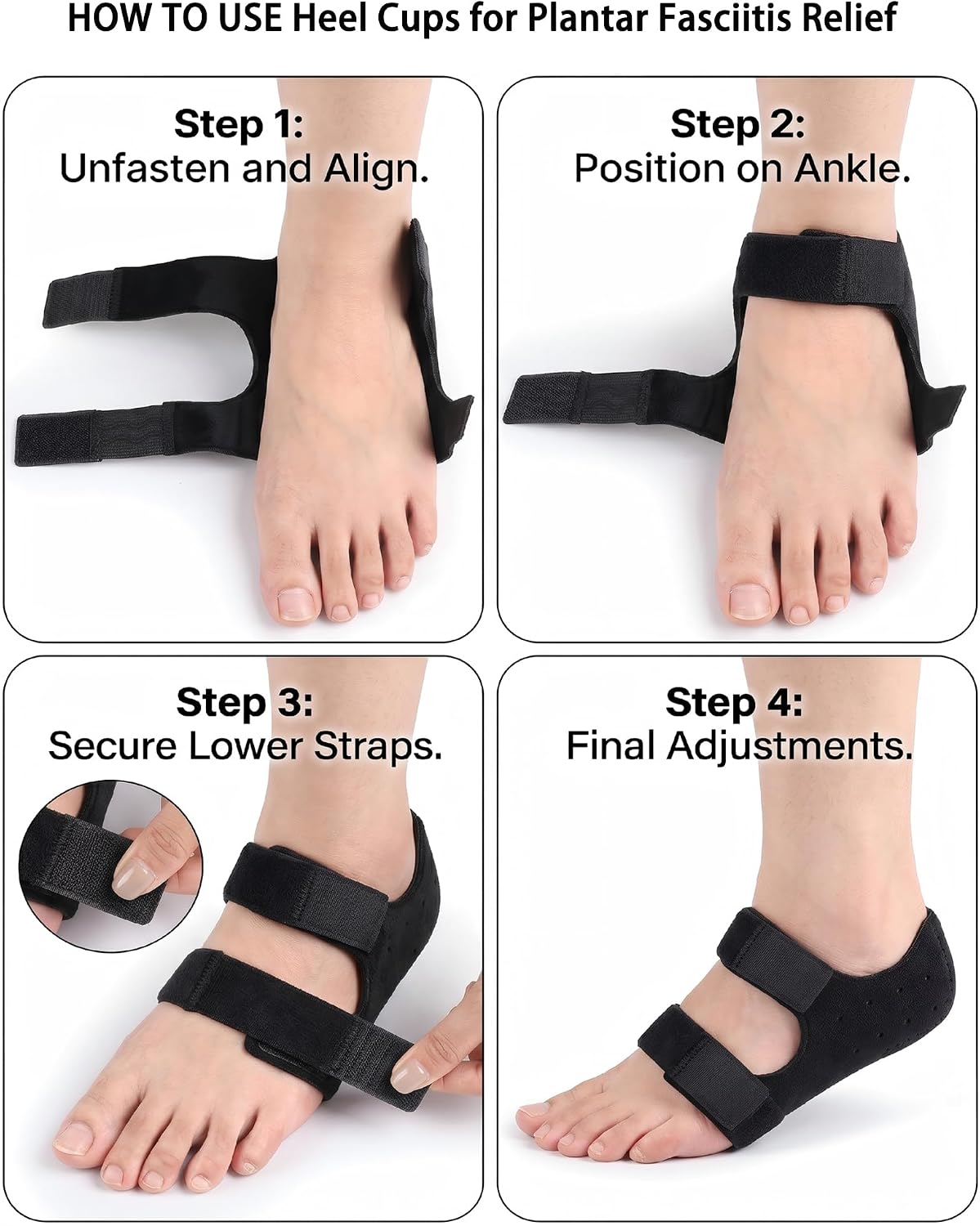 Heel Cups with Arch Support, Adjustable Compression Heel Protectors for Women & Men，SBR Breathable Achilles Tendonitis Cushions for Plantar Fasciitis & Heel Spur Relief (Black, 1 Pair Large)